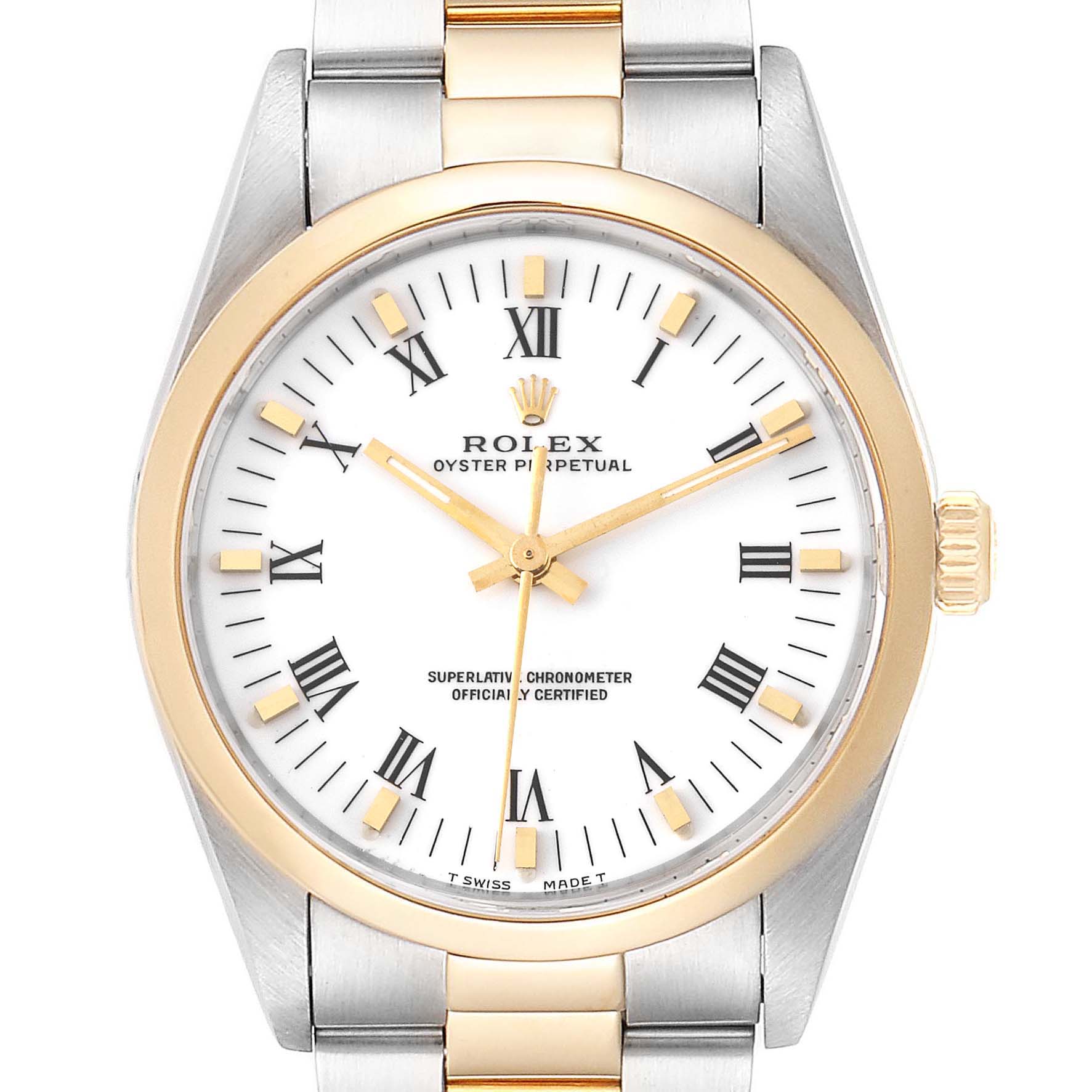 The image shows the front view of a Rolex Oyster Perpetual 14203 Men's Steel and Gold (two tone) White Dial 14203 Men's Steel and Gold (two tone) White Dial watch, highlighting its dial, hands, case, and part of the bracelet.