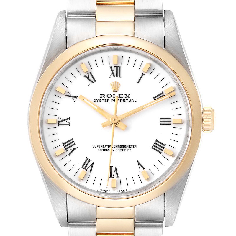 Rolex Oyster Perpetual White Dial Steel Yellow Gold Mens Watch 14203 SwissWatchExpo