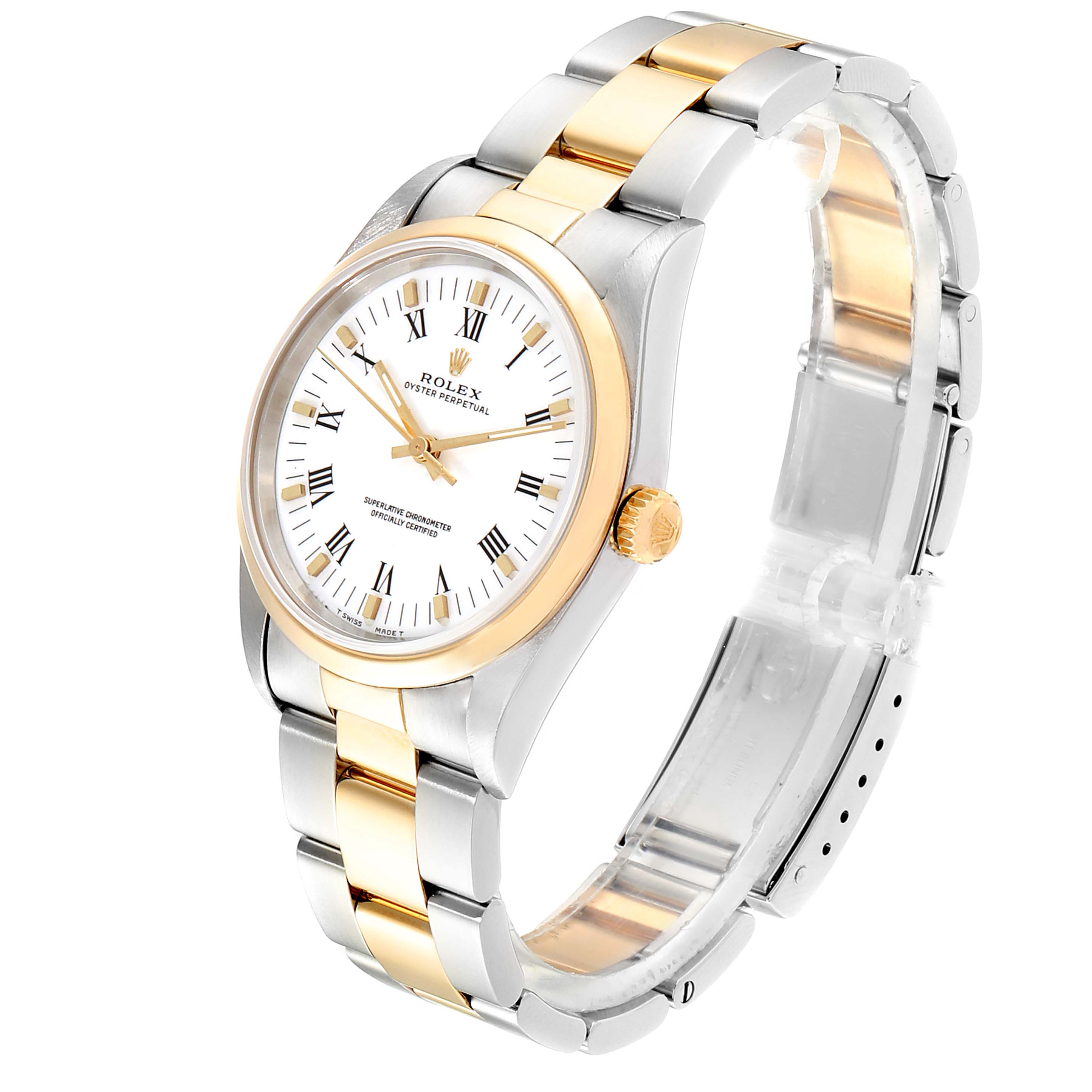 The Rolex Oyster Perpetual 14203 Men's Steel and Gold (two tone) White Dial 14203 Men's Steel and Gold (two tone) White Dial watch is shown at a slight upward angle, displaying the face, bezel, crown, and bracelet.