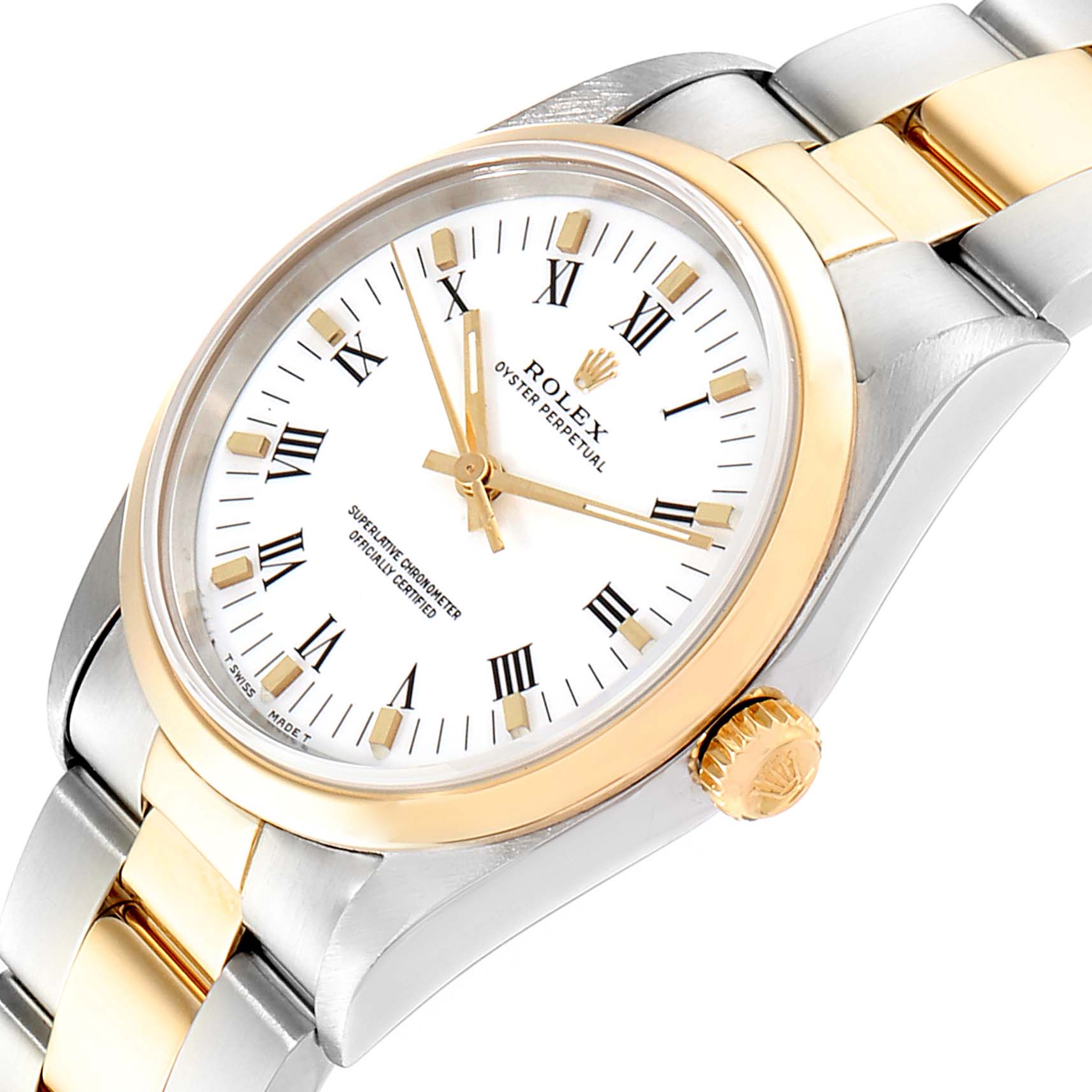 The image shows a close-up angle of a Rolex Oyster Perpetual 14203 Men's Steel and Gold (two tone) White Dial 14203 Men's Steel and Gold (two tone) White Dial watch, highlighting the dial, crown, bezel, and part of the bracelet.