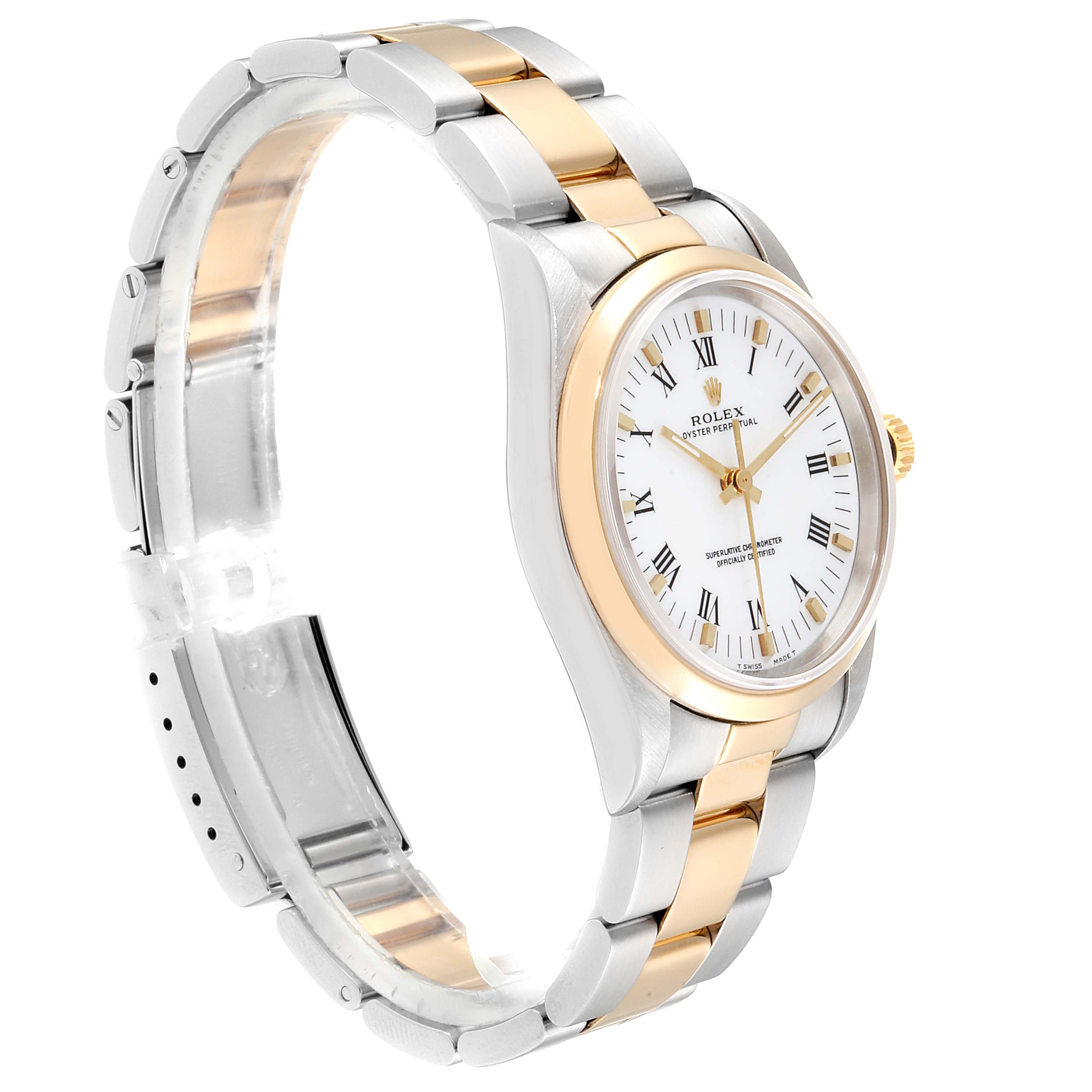 This image shows a Rolex Oyster Perpetual 14203 Men's Steel and Gold (two tone) White Dial 14203 Men's Steel and Gold (two tone) White Dial watch at a side angle, highlighting the dial, bezel, and two-tone bracelet.