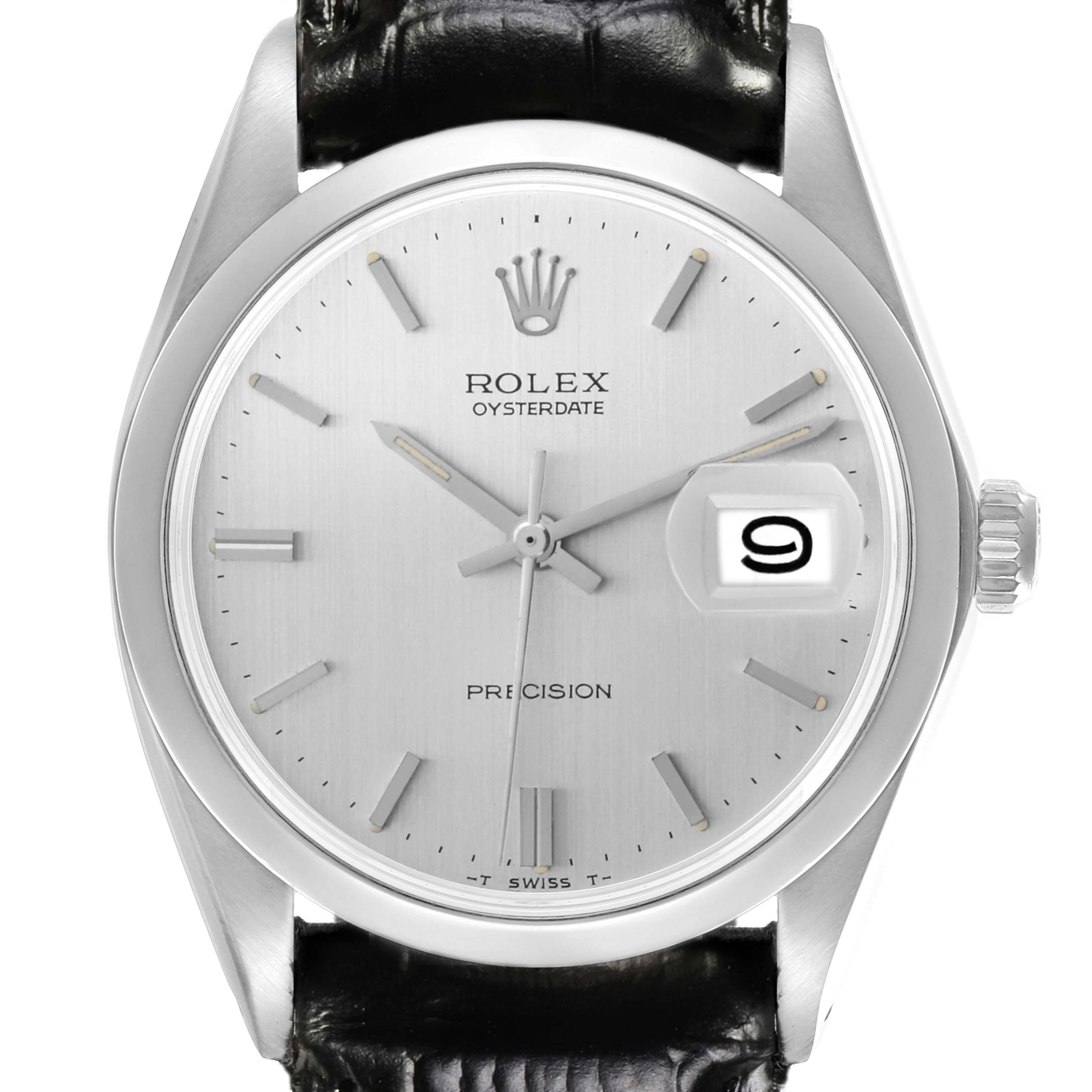 The Rolex Date model is shown from the front, displaying the dial, hands, crown, and bracelet attachment.