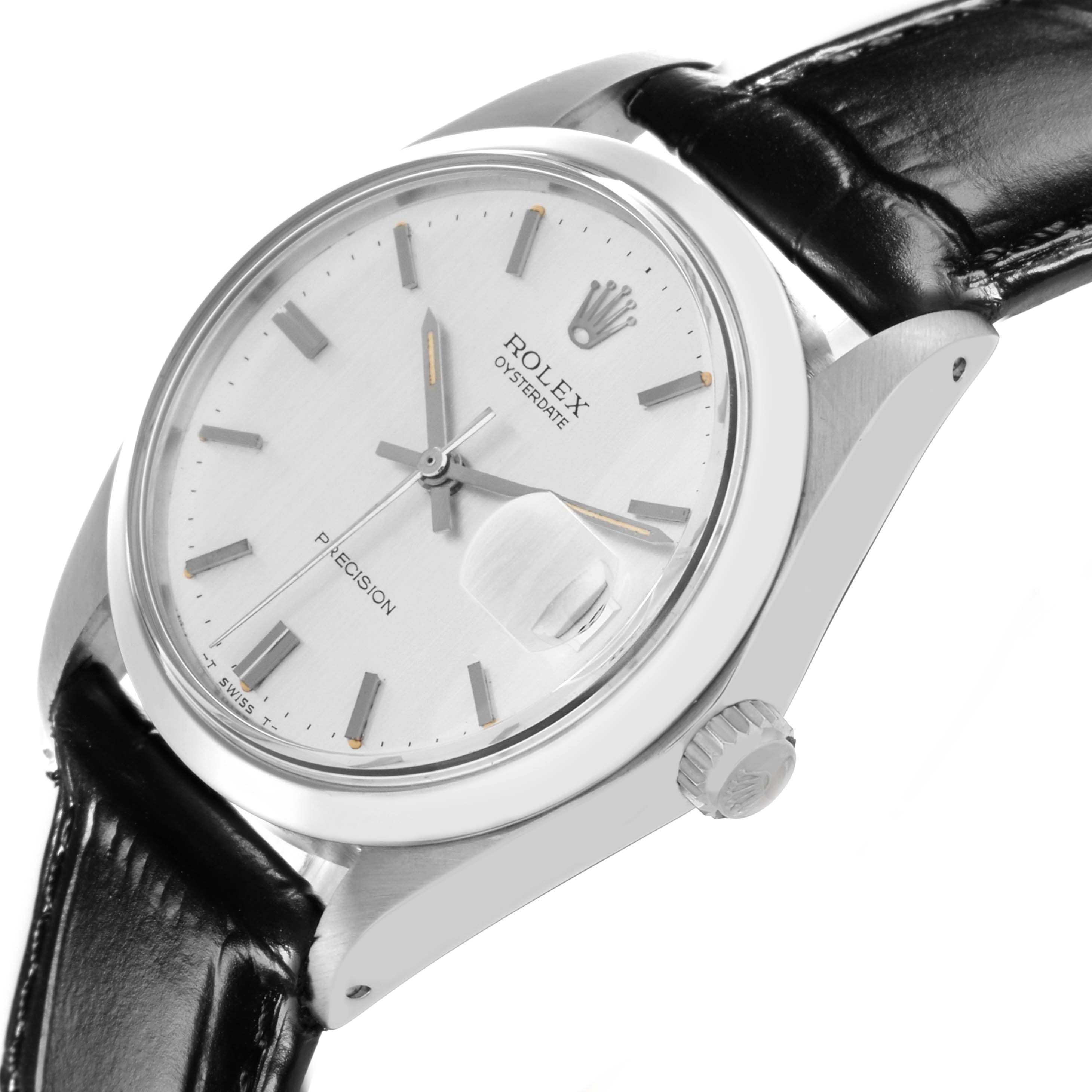 The Rolex Date model is shown from an angled side view, highlighting the crown, face, case, and black leather strap.