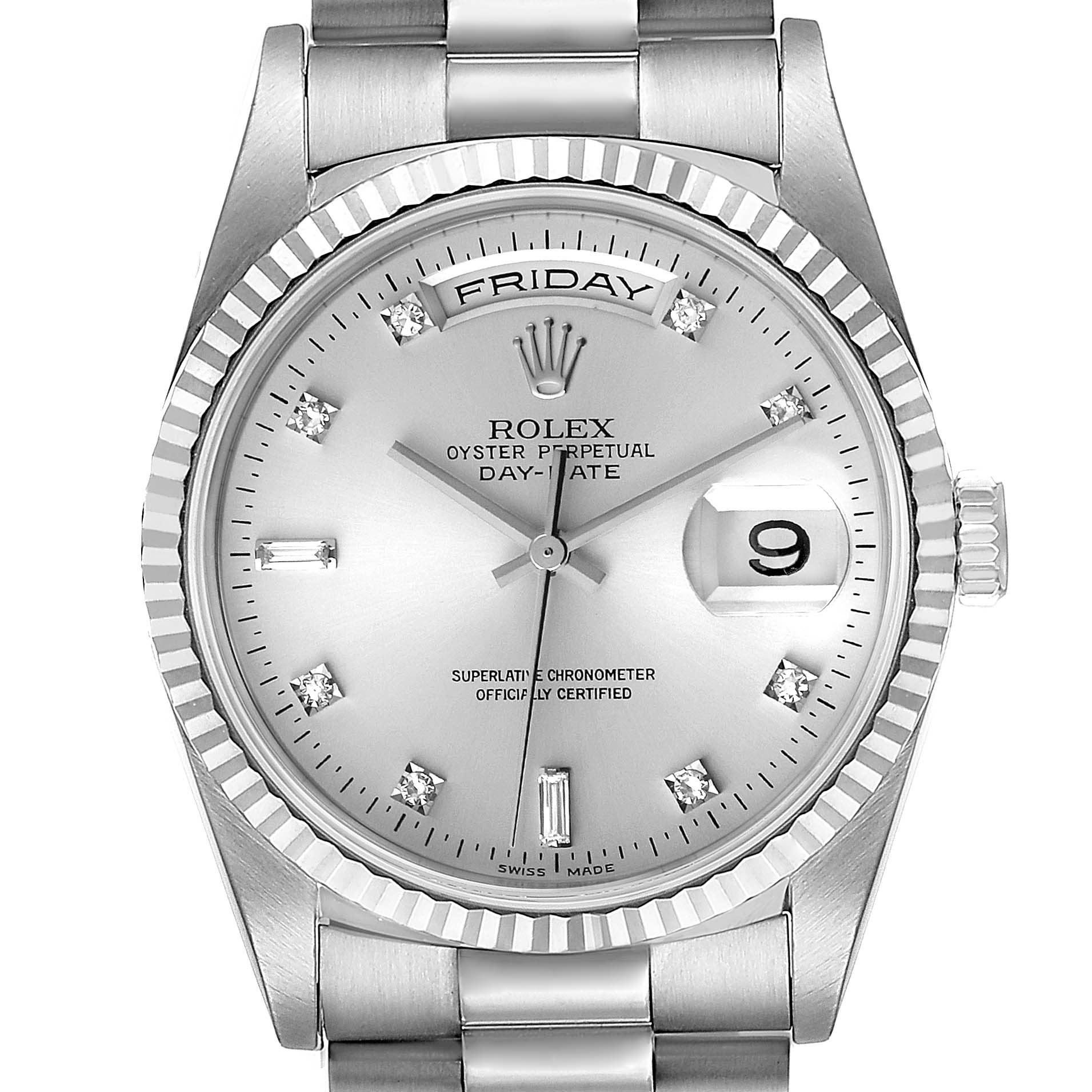 The image shows a close-up of the Rolex President 18239 Men
s White Gold Silver Dial 18239 Men
s White Gold Silver Dial Day-Date watch, displaying its dial, bezel, and part of the bracelet.