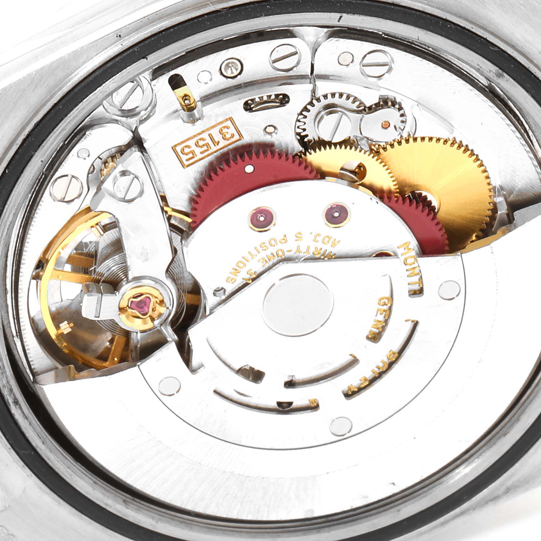 The image shows an internal view of the movement and intricate gears of a Rolex President 18239 Men
s White Gold Silver Dial 18239 Men
s White Gold Silver Dial model watch.