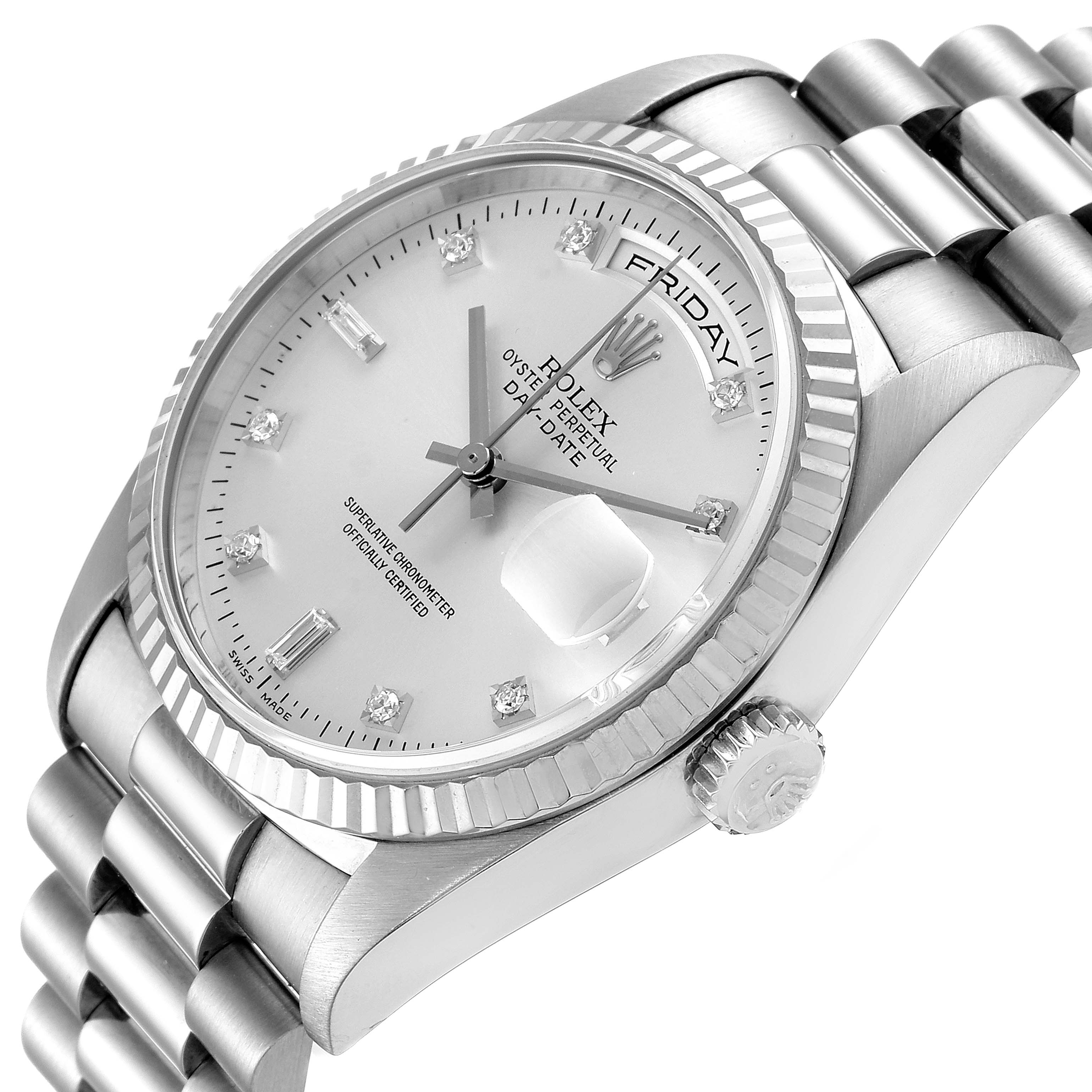 This image shows a Rolex President 18239 Men
s White Gold Silver Dial 18239 Men
s White Gold Silver Dial model watch angled to display its face, bezel, crown, and part of the bracelet.