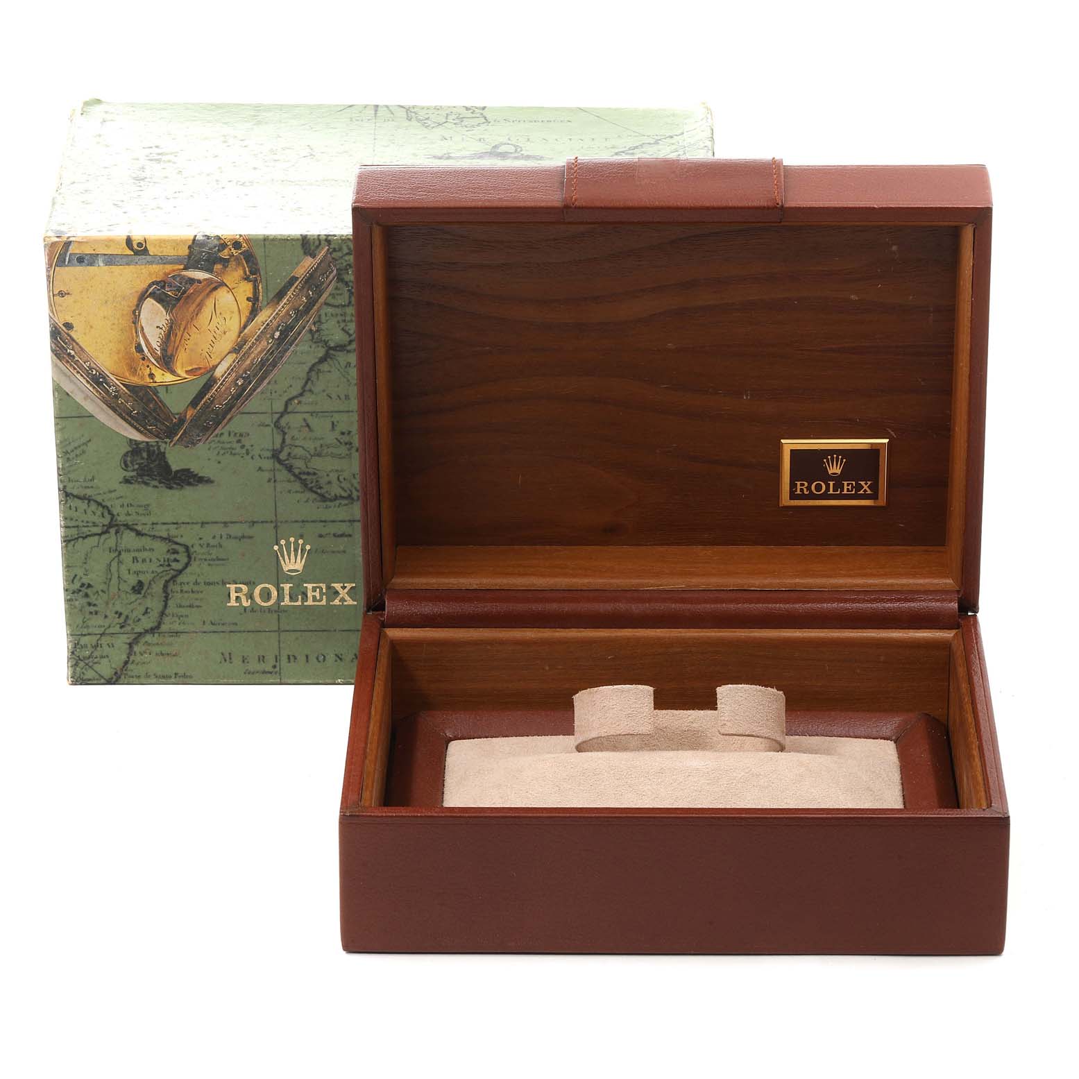 The image shows the empty wooden box and outer packaging for a President model Rolex watch, viewed from the front.