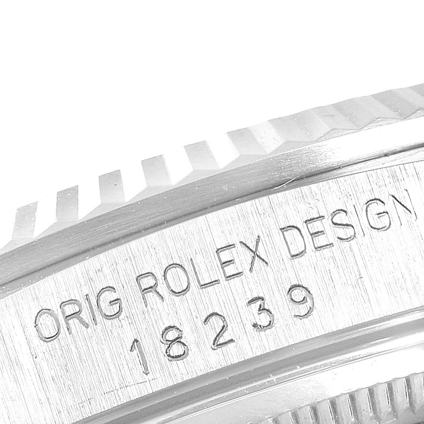 This close-up shows the engraved bezel and case edge of a Rolex President 18239 Men
s White Gold Silver Dial 18239 Men
s White Gold Silver Dial model watch, highlighting the model number 18239.