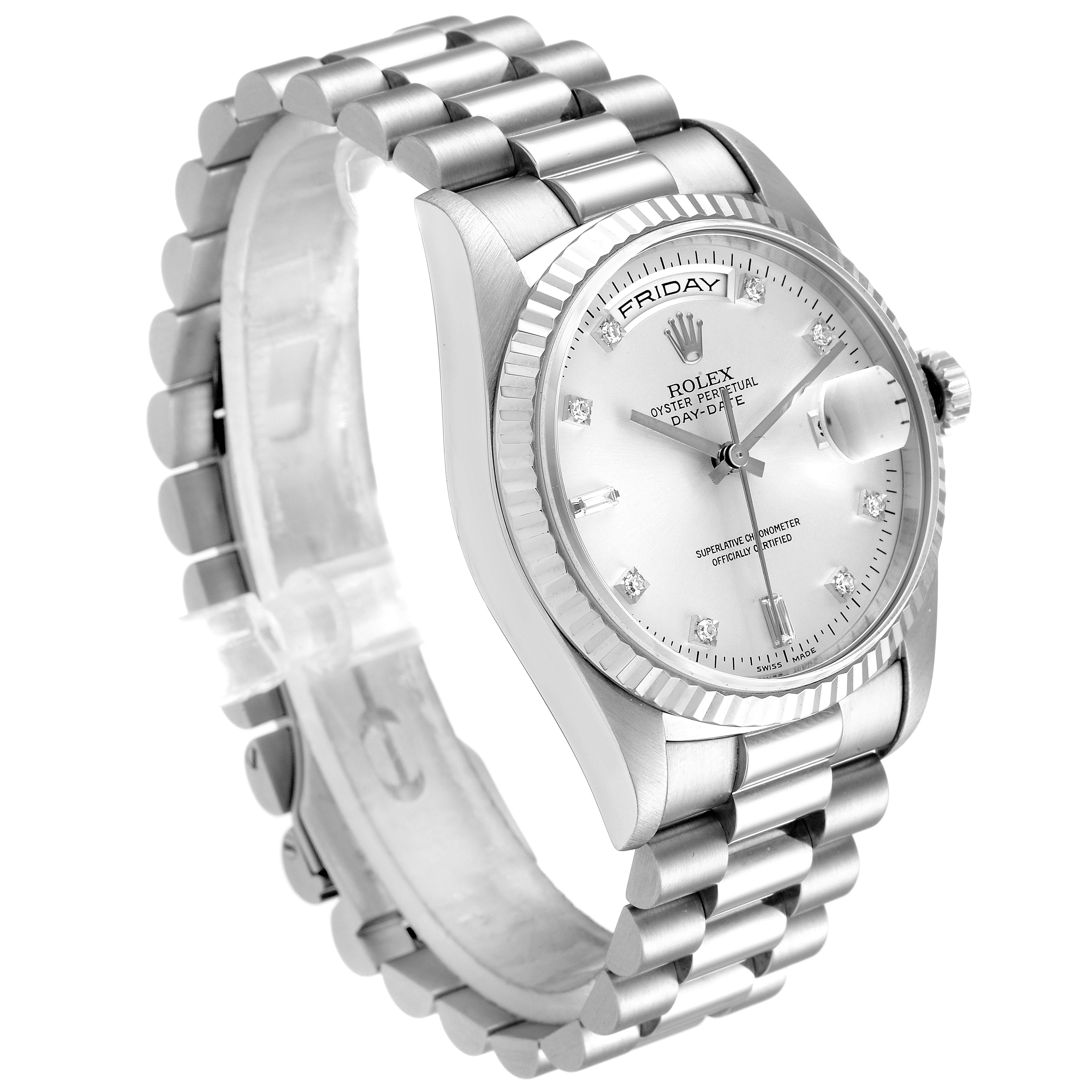 This image shows a side angled view of the Rolex President 18239 Men
s White Gold Silver Dial 18239 Men
s White Gold Silver Dial model watch, highlighting its bracelet, dial, bezel, and crown.