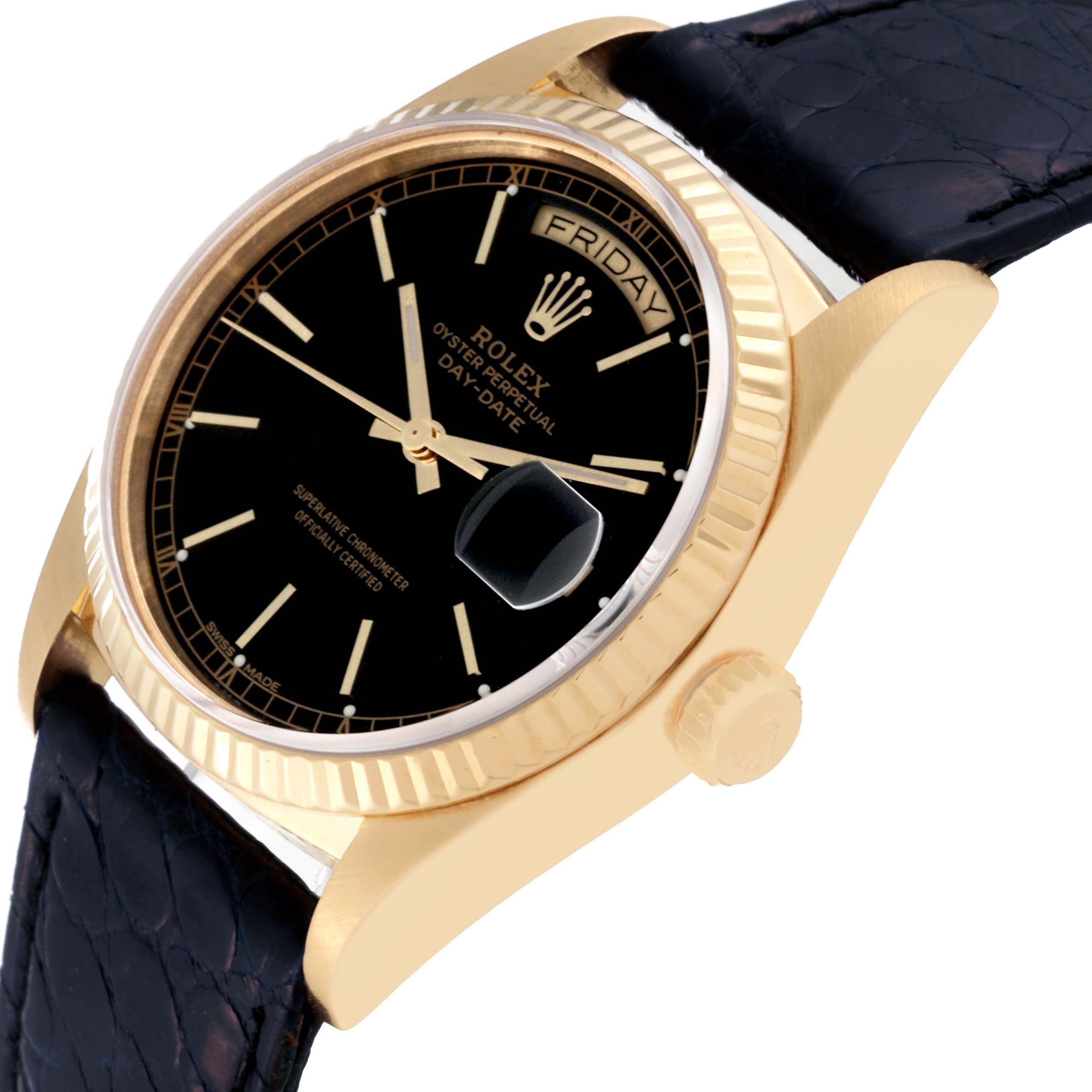 The Rolex President 18038 Men's Yellow Gold Black Dial 18038 Men's Yellow Gold Black Dial model is shown at a side angle, revealing its black dial, day-date display, gold case, and black leather strap.