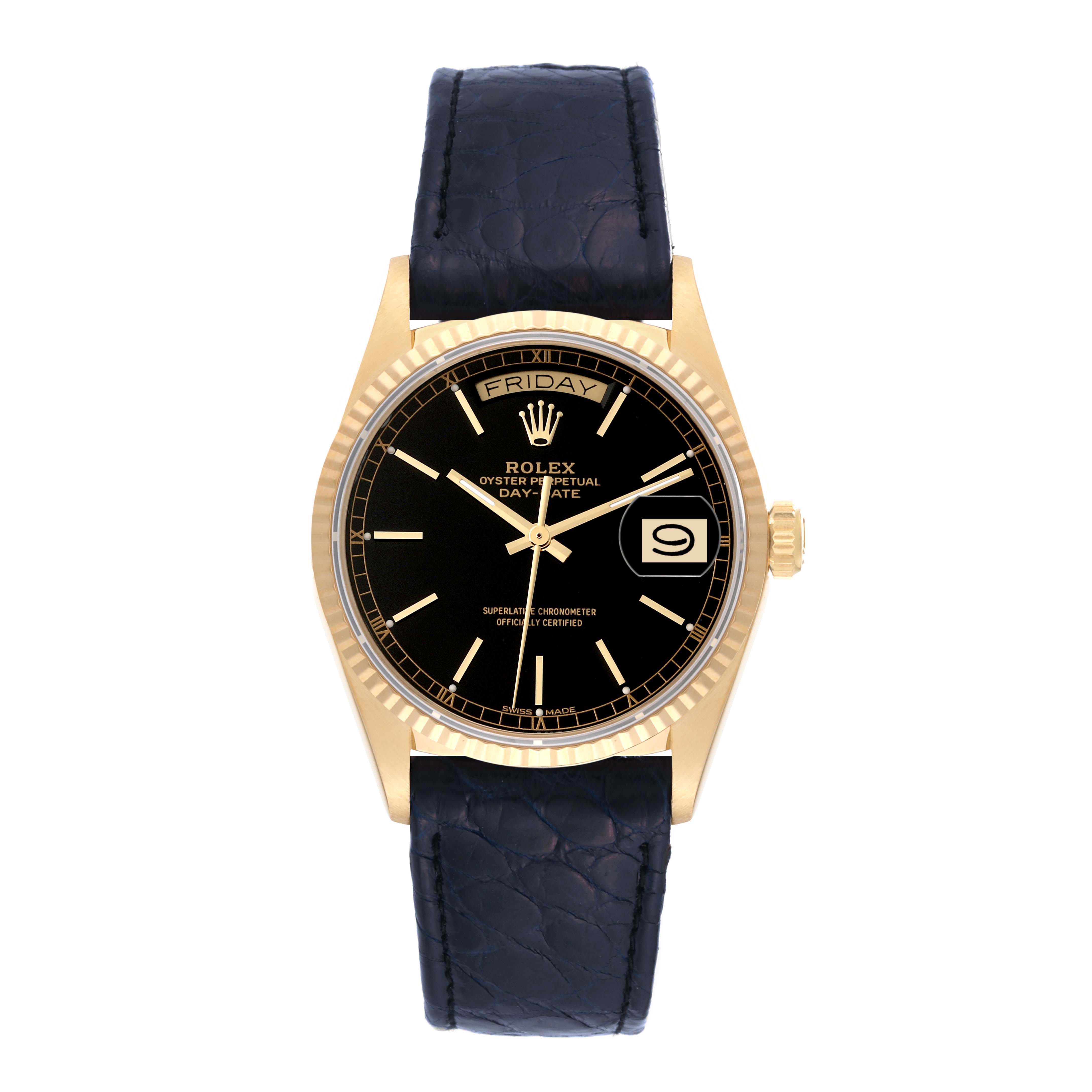 This image shows a Rolex President 18038 Men's Yellow Gold Black Dial 18038 Men's Yellow Gold Black Dial model wristwatch, viewed from the front, displaying its face, bezel, and leather strap.