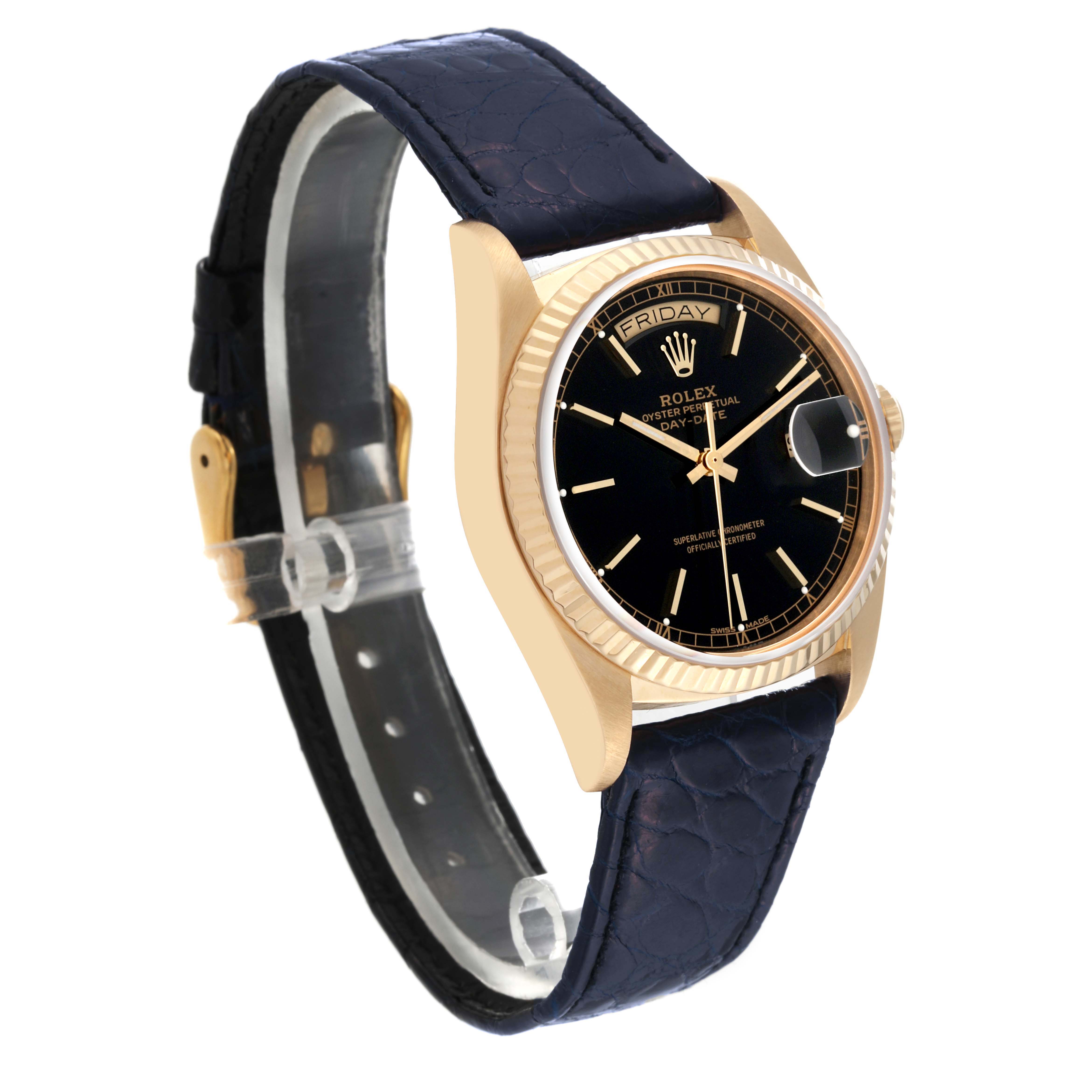 The image shows a Rolex President 18038 Men's Yellow Gold Black Dial 18038 Men's Yellow Gold Black Dial model watch at a three-quarter angle, highlighting the face, case, and leather strap.