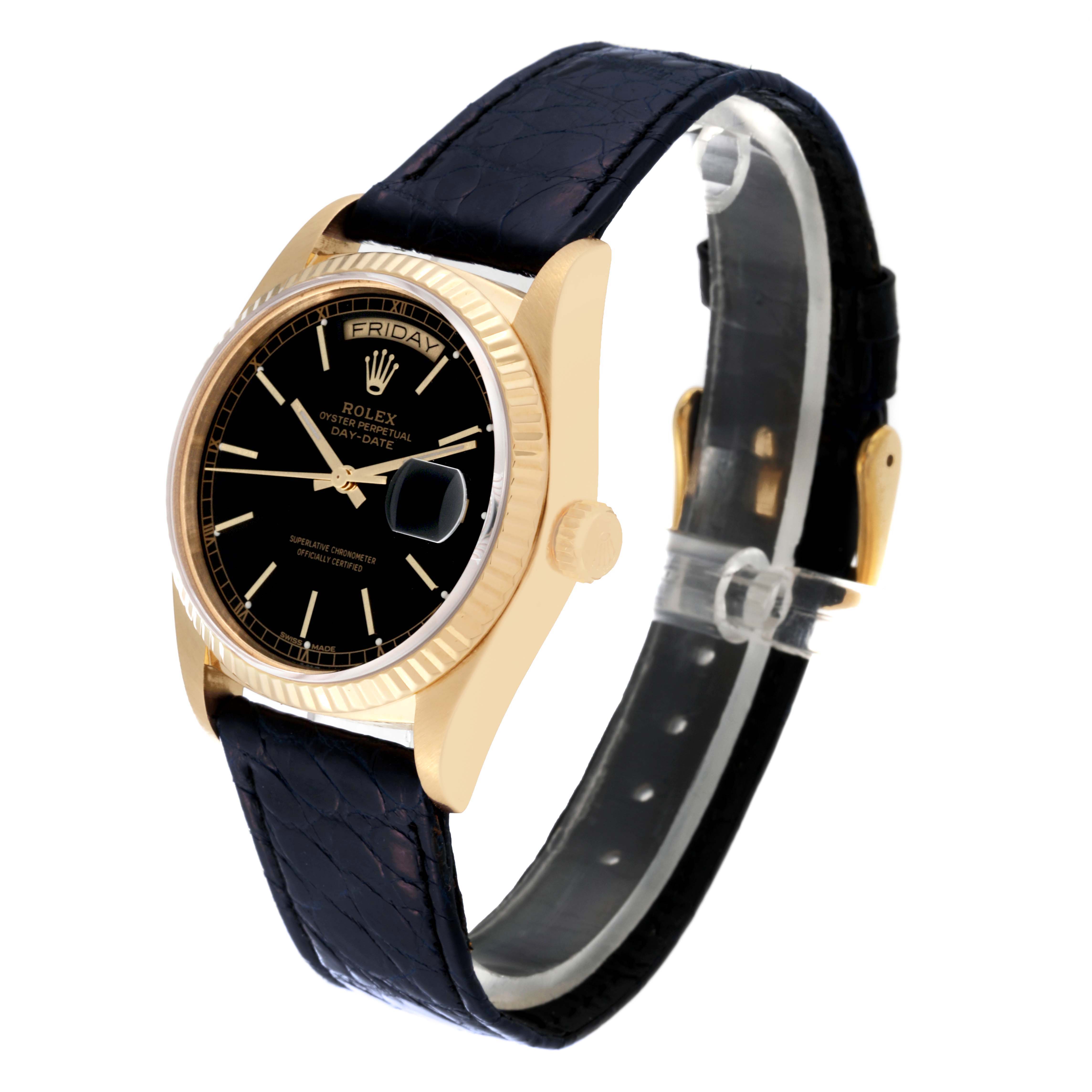 The Rolex President 18038 Men's Yellow Gold Black Dial 18038 Men's Yellow Gold Black Dial model watch shown is angled to display its black dial, gold case, and black leather strap.