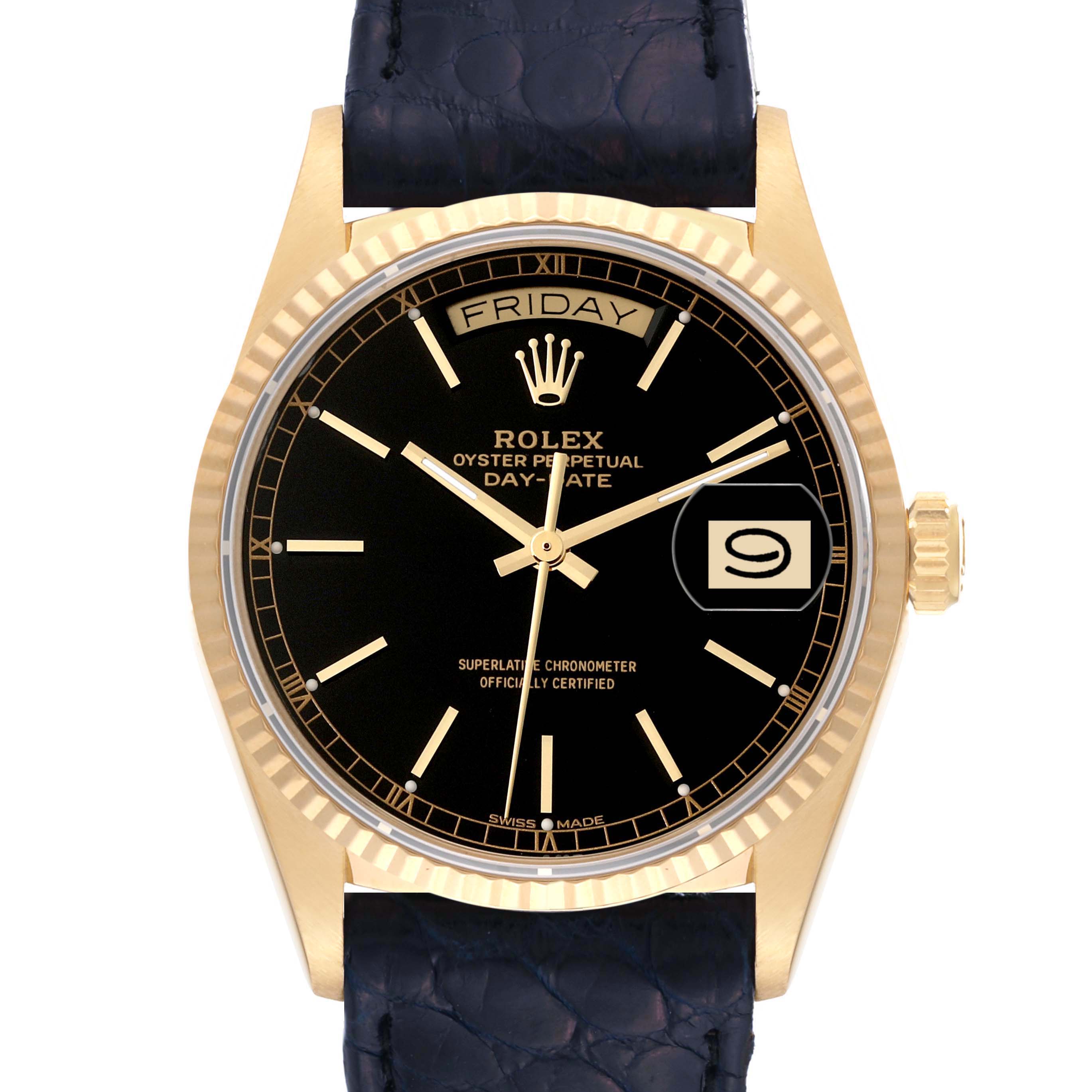 The image shows a front view of the Rolex President 18038 Men's Yellow Gold Black Dial 18038 Men's Yellow Gold Black Dial model watch, highlighting the face, bezel, and part of the strap.