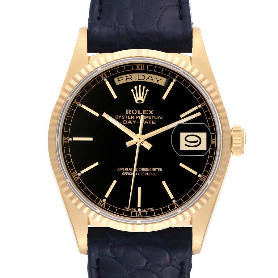 Rolex President Day-Date Yellow Gold Black Dial Mens Watch 18038 SwissWatchExpo