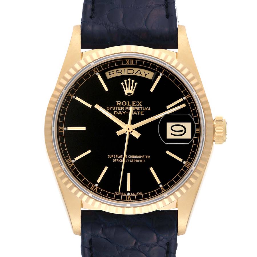 The image shows a front view of the Rolex President model watch, highlighting the face, bezel, and part of the strap.