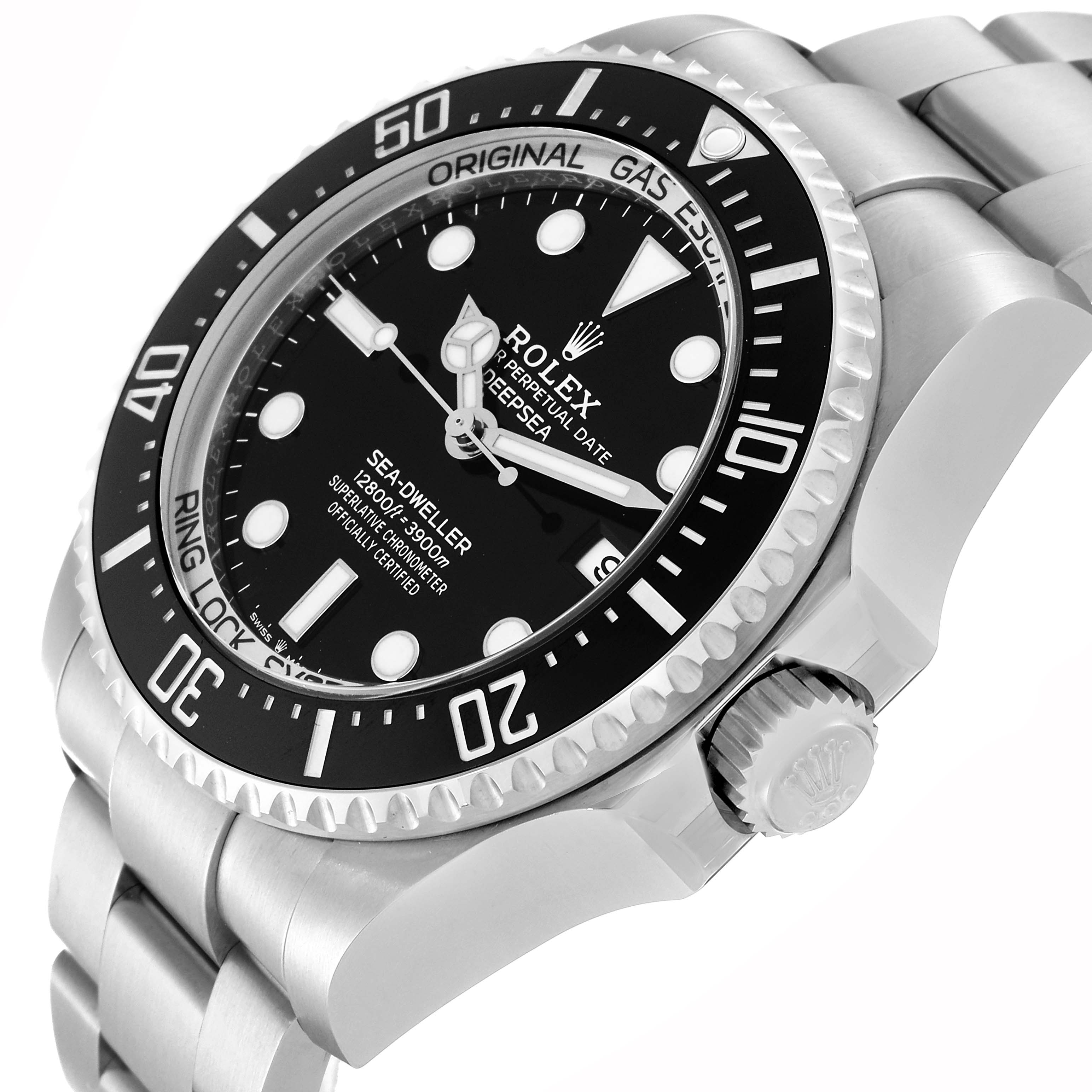 This image shows a Rolex Sea-Dweller 136660 Men
s Stainless Steel Black Dial 136660 Men
s Stainless Steel Black Dial watch at an angled close-up, highlighting the dial, bezel, crown, and part of the bracelet.