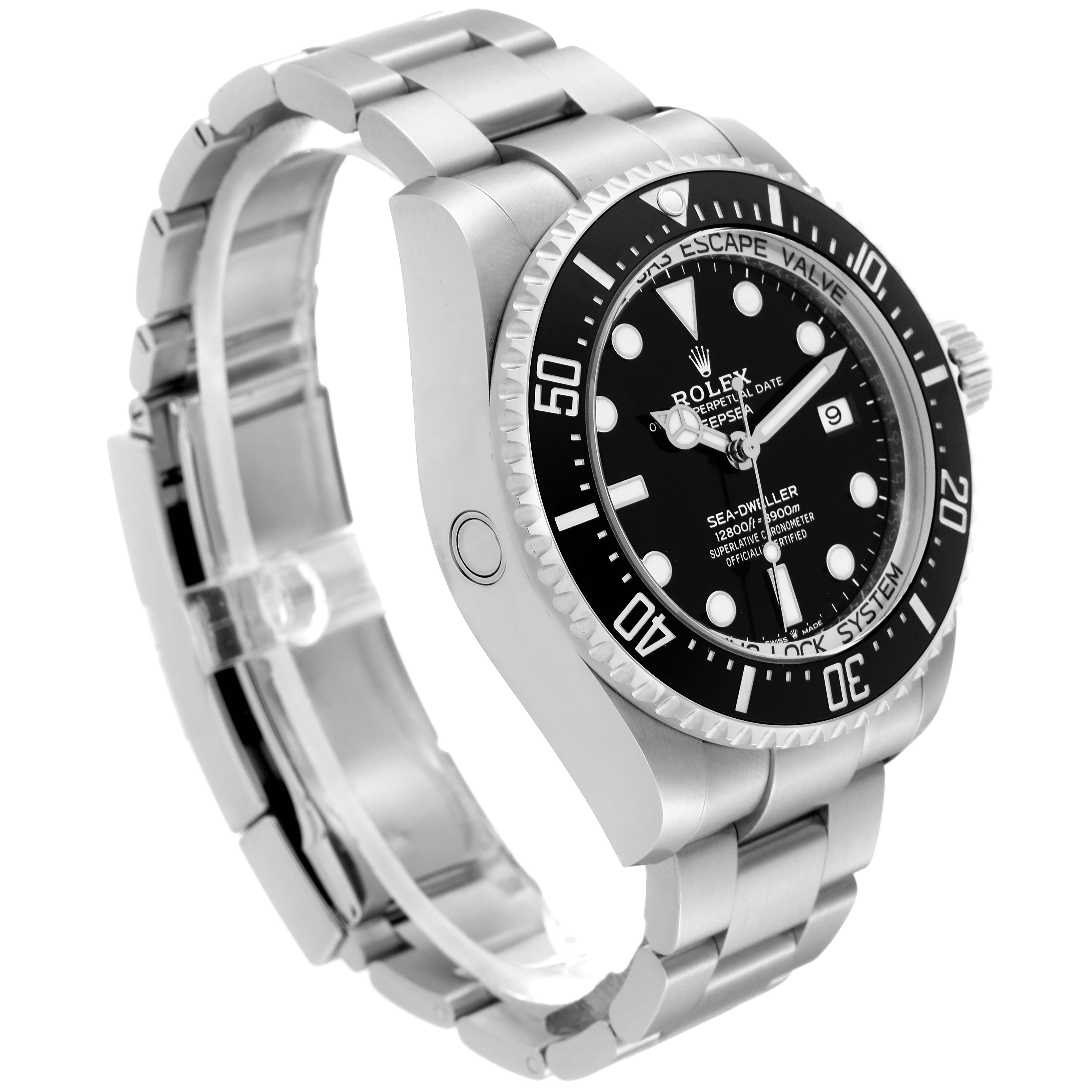 The image shows the Rolex Sea-Dweller 136660 Men
s Stainless Steel Black Dial 136660 Men
s Stainless Steel Black Dial watch at a three-quarter angle, highlighting the face, bezel, crown, and stainless steel bracelet.
