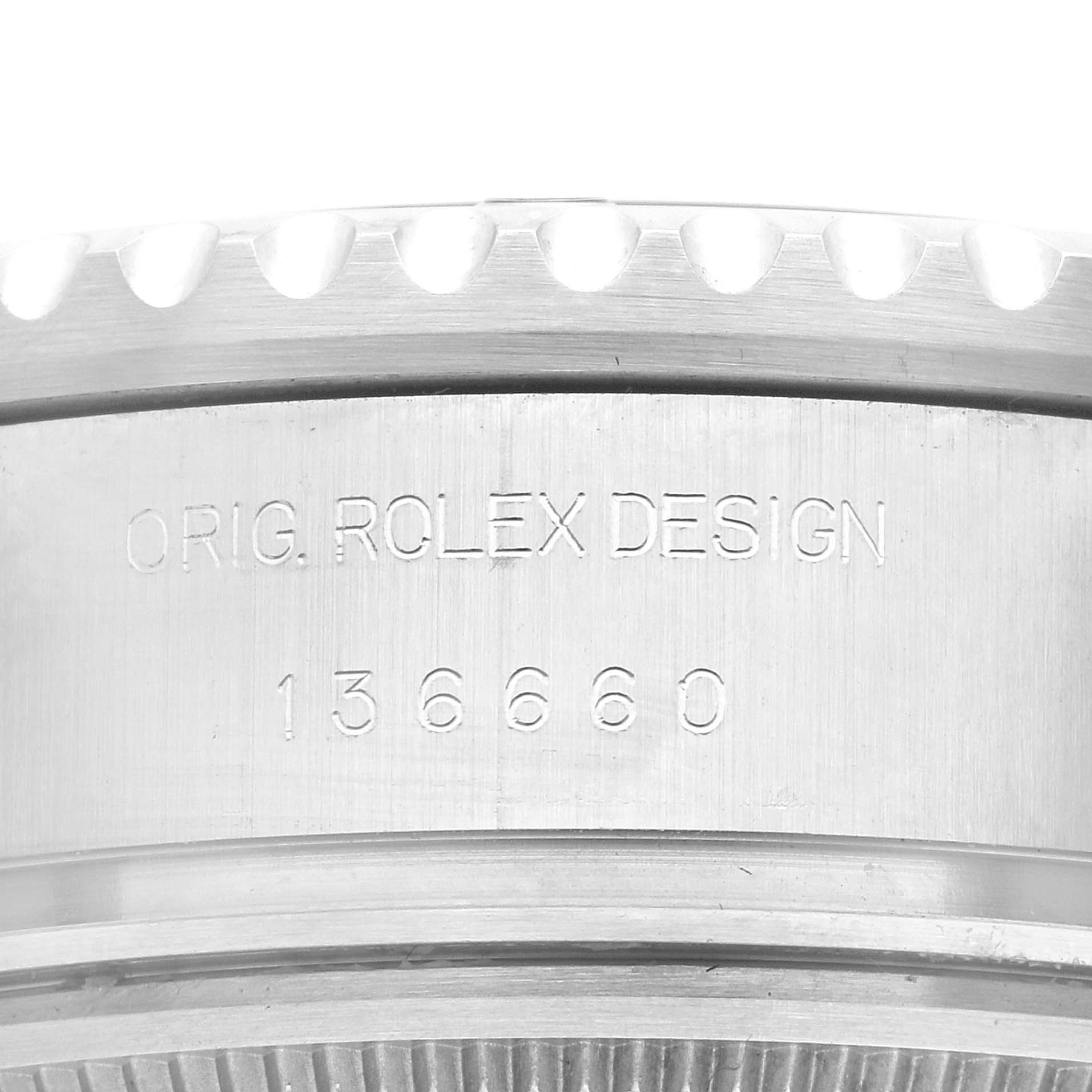 The image shows a close-up of the case side of a Sea-Dweller Rolex watch with engraving "ORIG. ROLEX DESIGN" and model number 136660.