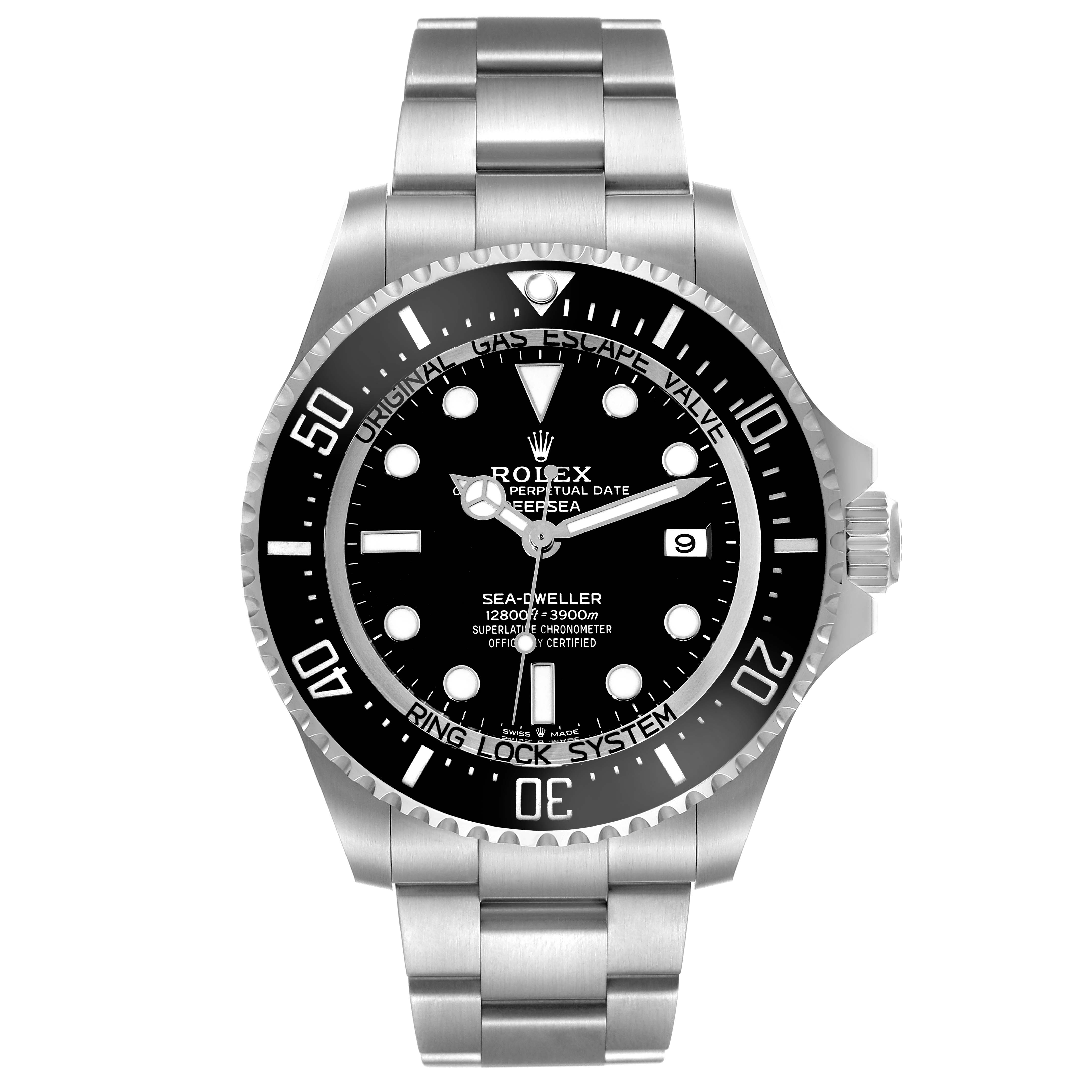 The image shows a front view of the Rolex Sea-Dweller 136660 Men
s Stainless Steel Black Dial 136660 Men
s Stainless Steel Black Dial watch, displaying the face, bezel, and stainless steel bracelet.