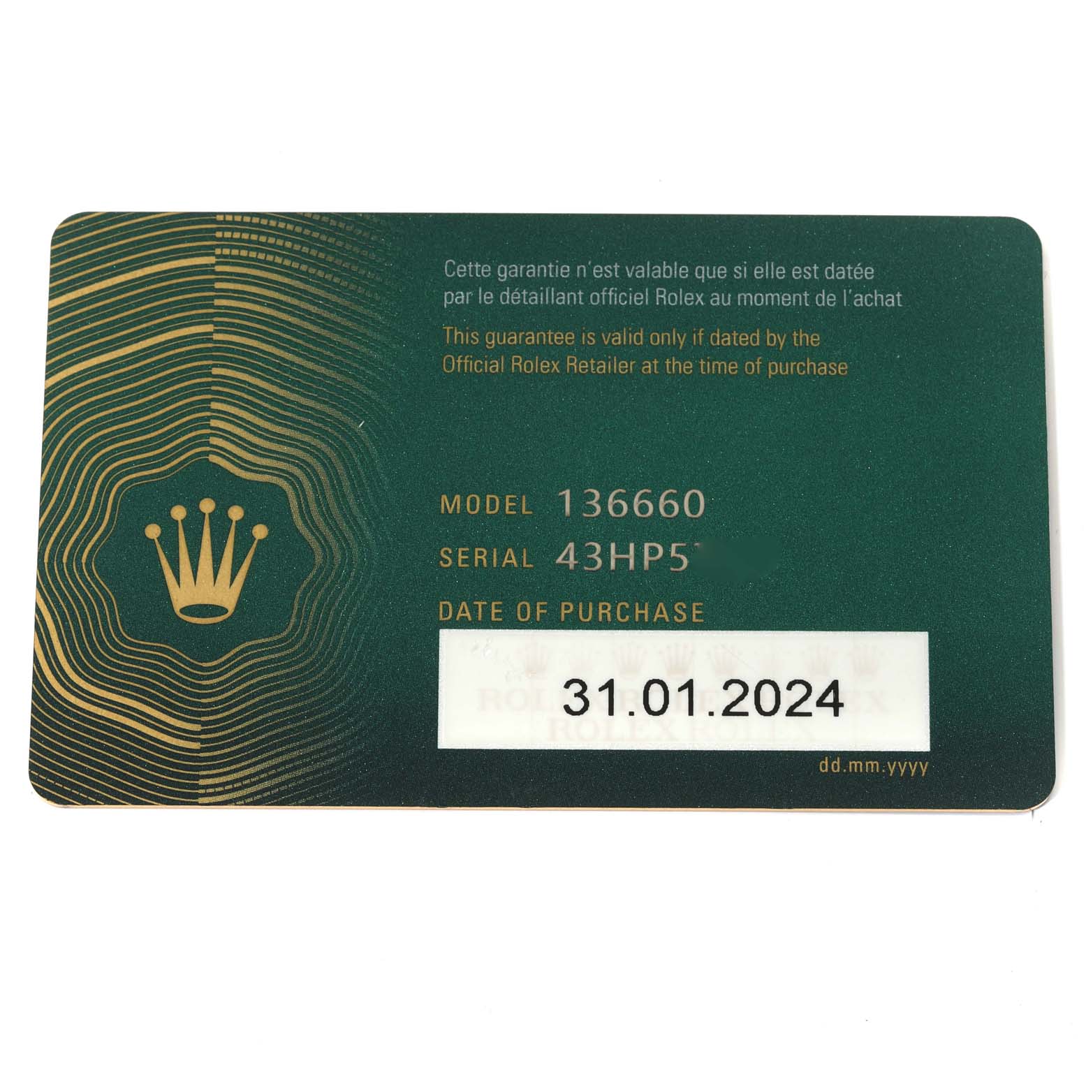 This is the warranty card for a Rolex Sea-Dweller 136660 Men
s Stainless Steel Black Dial 136660 Men
s Stainless Steel Black Dial model, displaying the model number, serial number, and date of purchase.