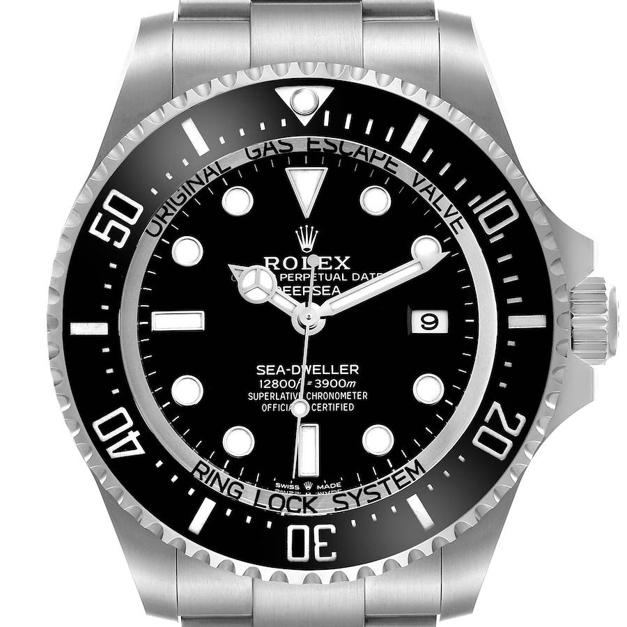 The Rolex Sea-Dweller watch is shown from the front, displaying its face, bezel, crown, and part of the bracelet.