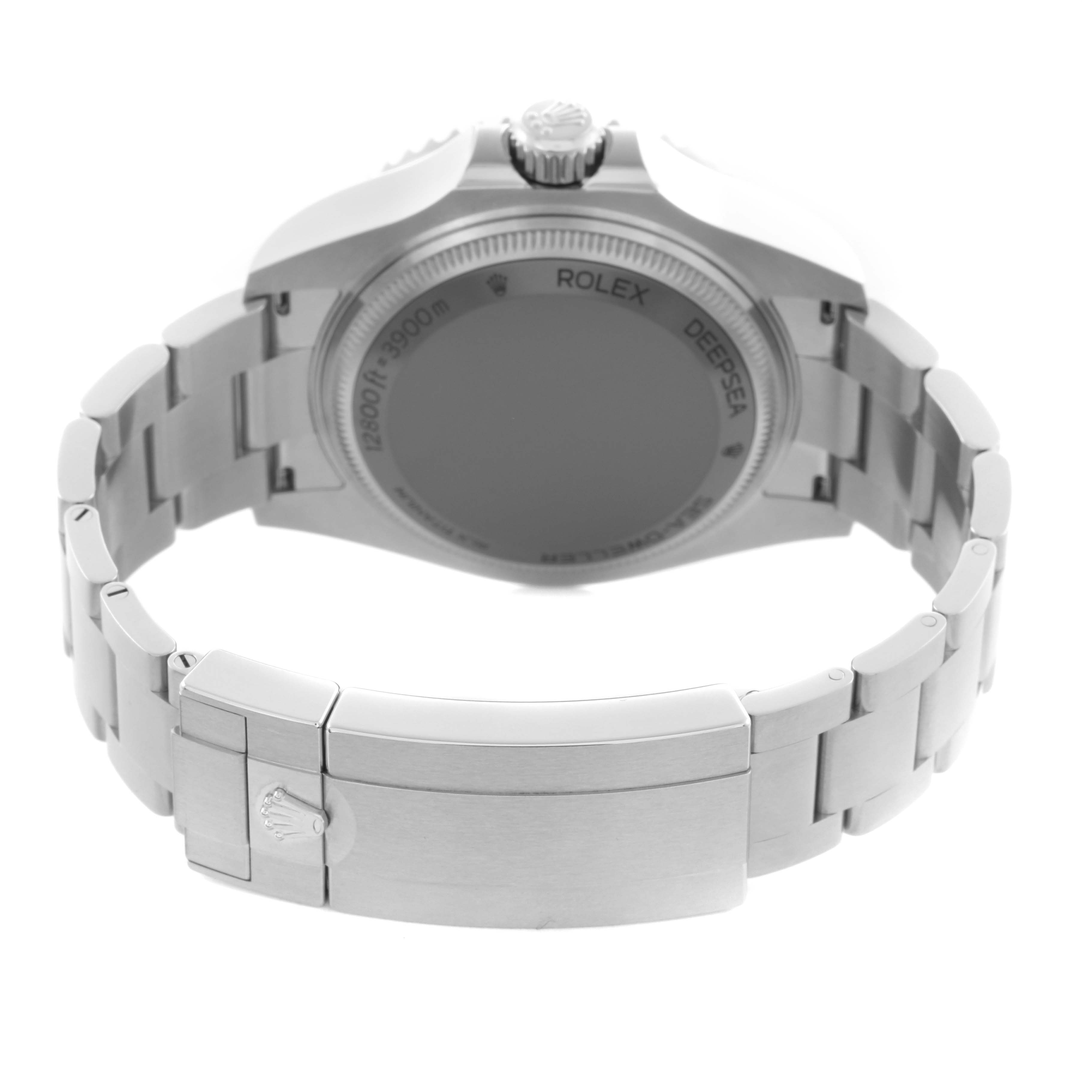 The Rolex Sea-Dweller 136660 Men's Stainless Steel Black Dial 136660 Men's Stainless Steel Black Dial is shown from the back, highlighting the case back, bracelet, and clasp.