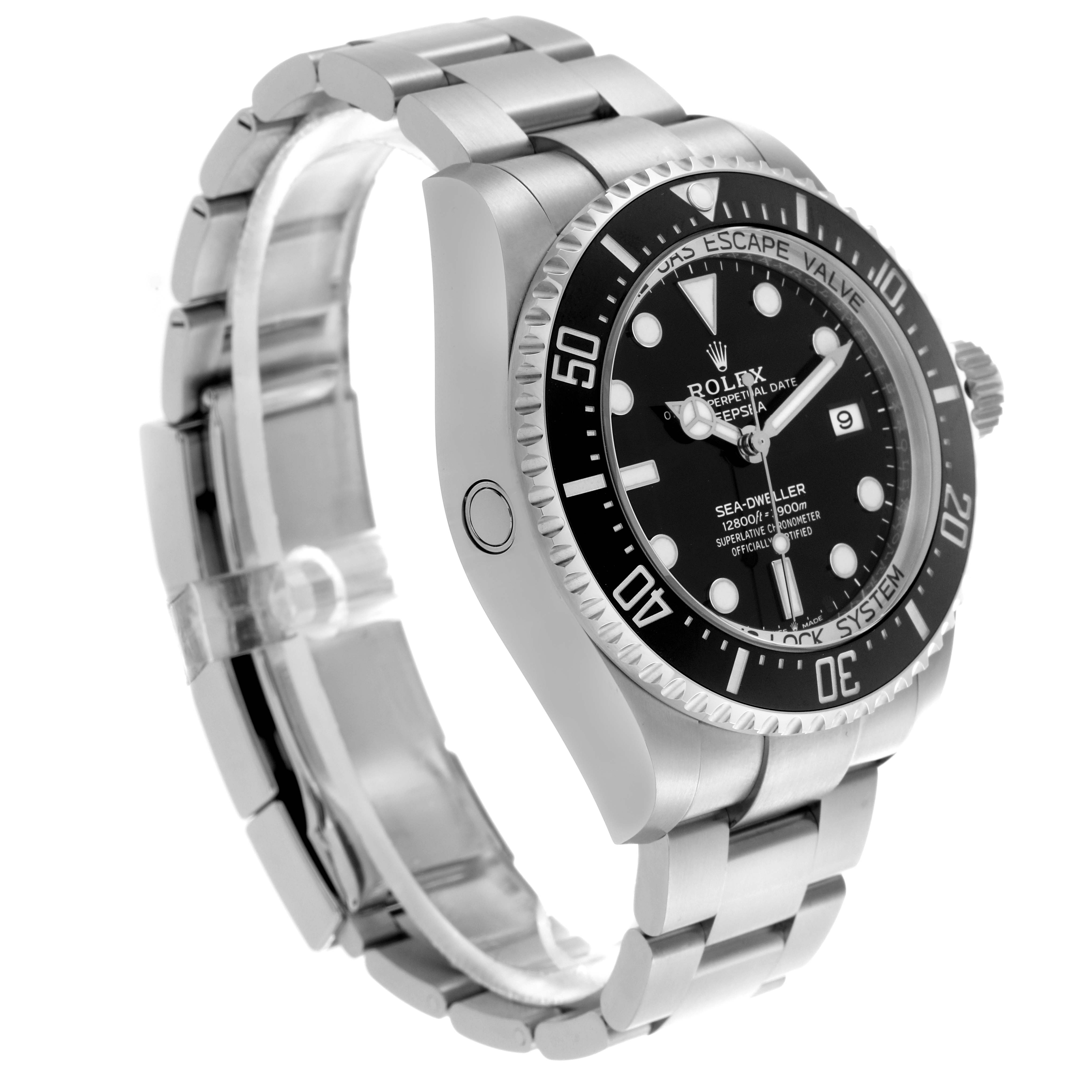 The Rolex Sea-Dweller 136660 Men's Stainless Steel Black Dial 136660 Men's Stainless Steel Black Dial watch is shown at a three-quarter angle, displaying the dial, bezel, case, and bracelet links.