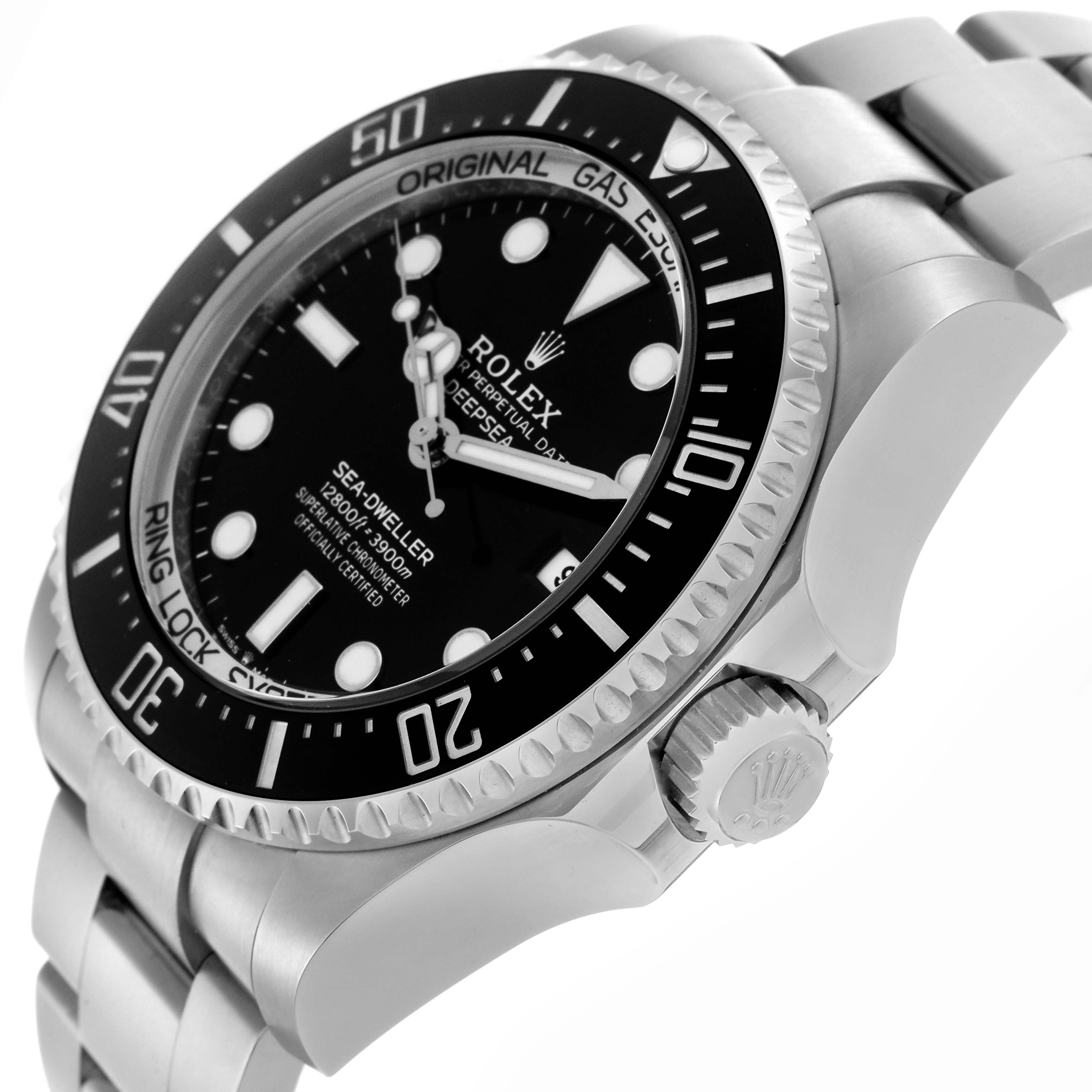 The Rolex Sea-Dweller 136660 Men's Stainless Steel Black Dial 136660 Men's Stainless Steel Black Dial watch is shown at an angle highlighting the bezel, dial, and crown.
