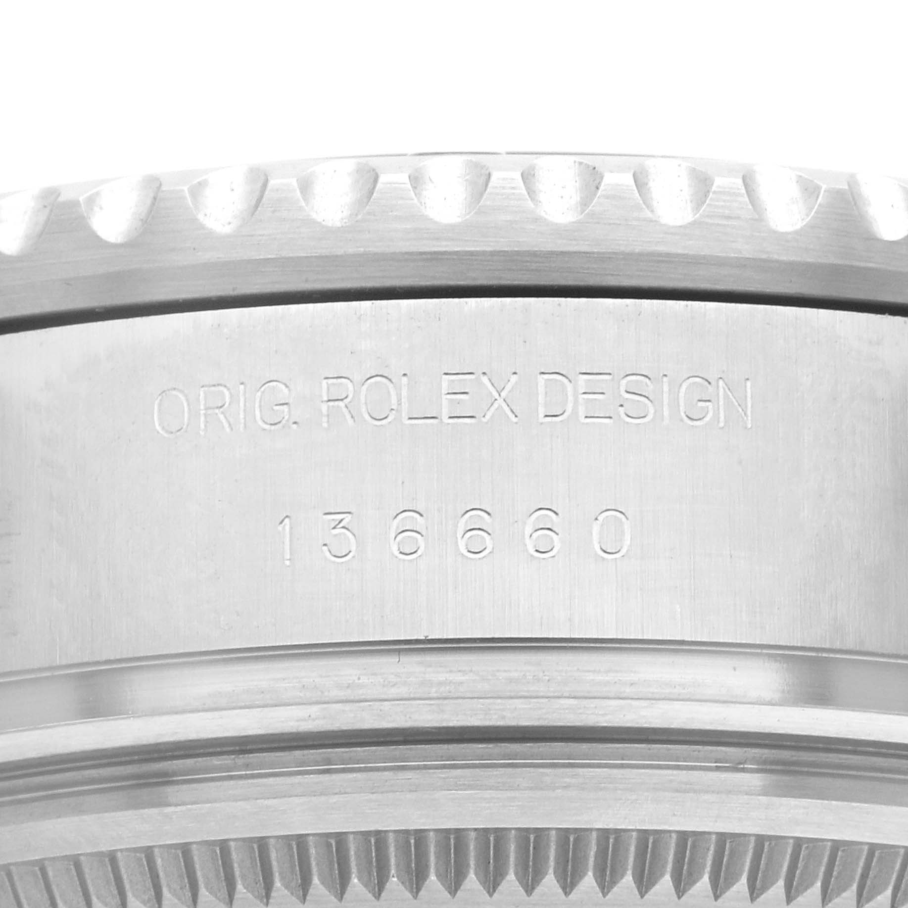 This image shows the side view of a Rolex Sea-Dweller 136660 Men's Stainless Steel Black Dial 136660 Men's Stainless Steel Black Dial watch case, highlighting the model number and original design engraving.