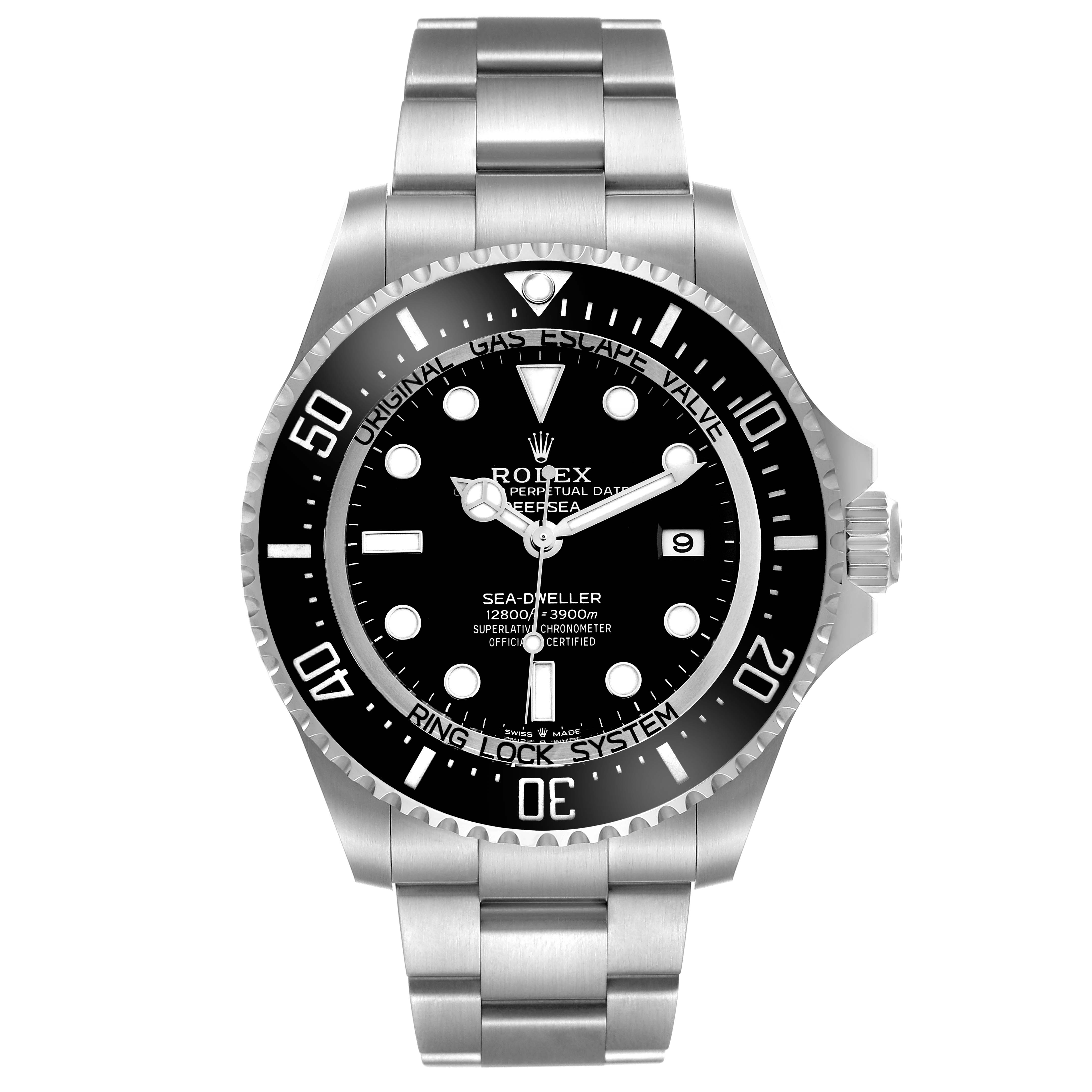 The Rolex Sea-Dweller 136660 Men's Stainless Steel Black Dial 136660 Men's Stainless Steel Black Dial watch is shown from a front angle, displaying its face, bezel, crown, and bracelet.