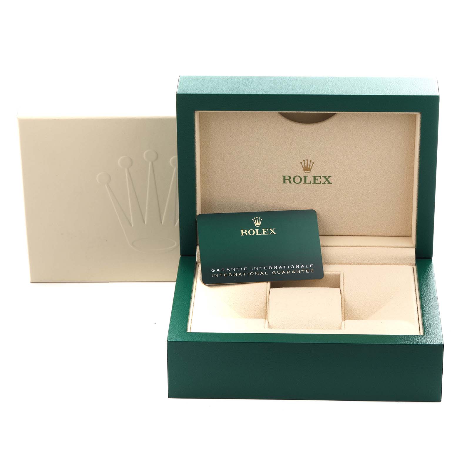 The image shows an open Rolex Sea-Dweller 136660 Men's Stainless Steel Black Dial 136660 Men's Stainless Steel Black Dial box with a guarantee card and display cushions inside.