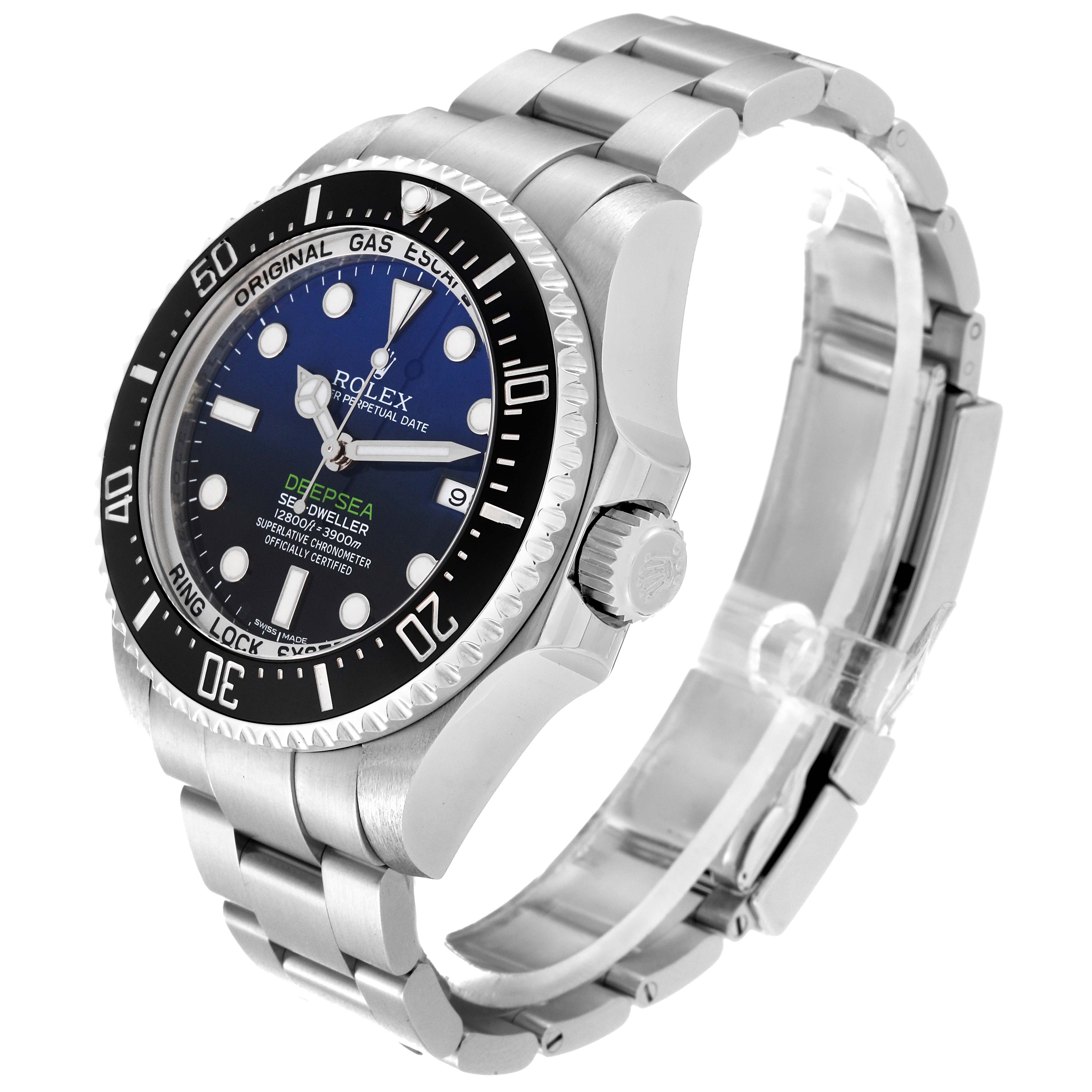 The Rolex Sea-Dweller 116660 Men
s Stainless Steel Blue Dial 116660 Men
s Stainless Steel Blue Dial watch is shown at an angle displaying the face, bezel, crown, and partial bracelet.