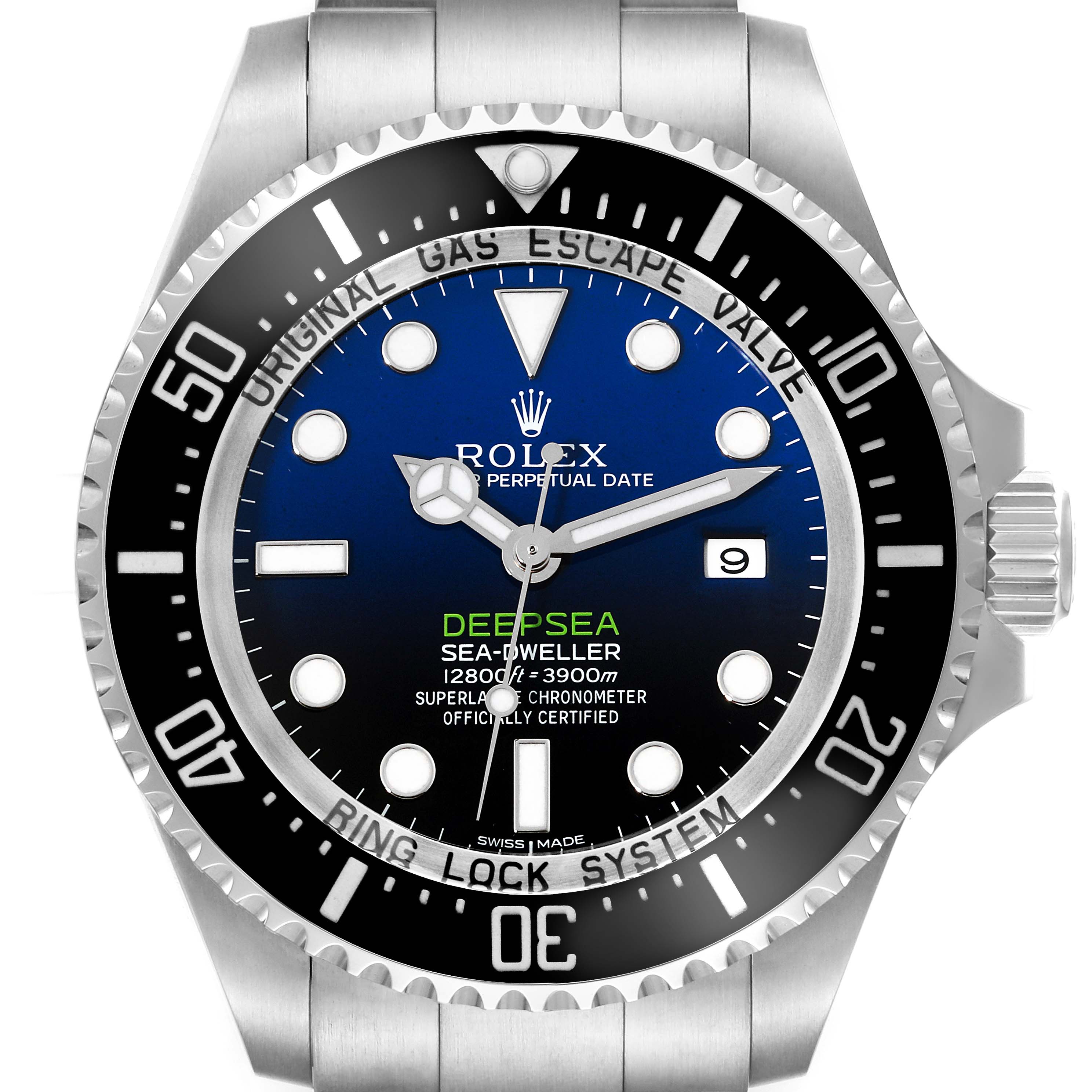 The image shows a front view of the Rolex Sea-Dweller 116660 Men
s Stainless Steel Blue Dial 116660 Men
s Stainless Steel Blue Dial Deepsea watch, featuring the dial, bezel, and part of the bracelet.