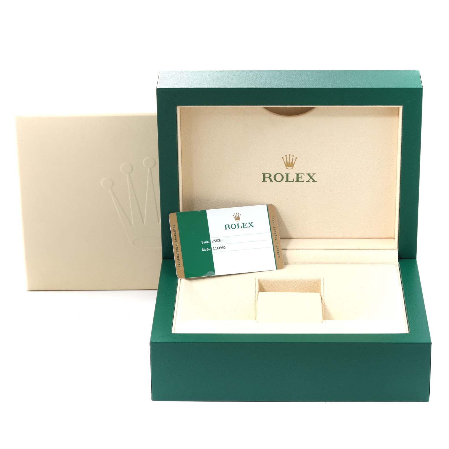 This image shows the open box and warranty card for the Rolex Sea-Dweller 116660 Men
s Stainless Steel Blue Dial 116660 Men
s Stainless Steel Blue Dial model.