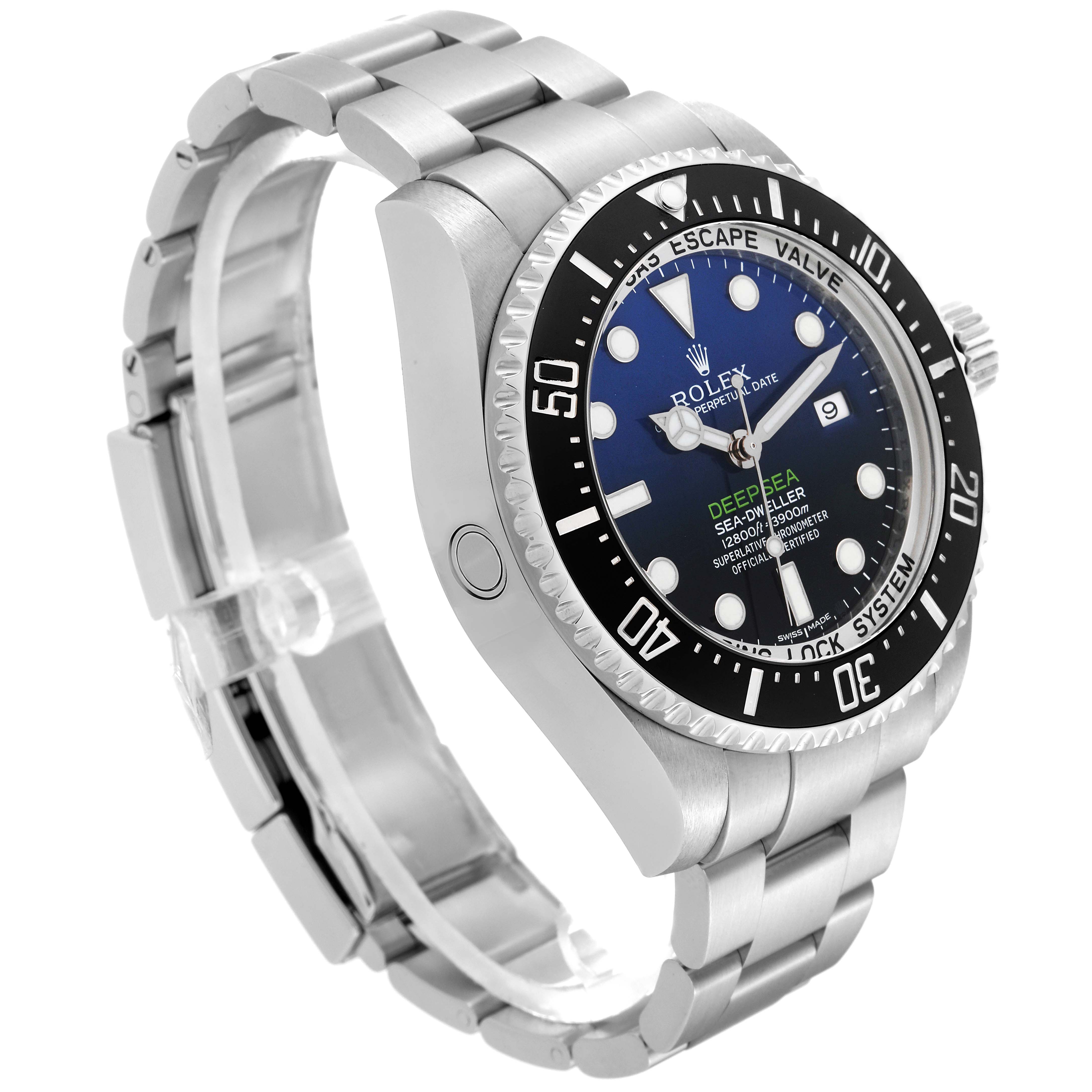 This image shows a side angle of a Rolex Sea-Dweller 116660 Men
s Stainless Steel Blue Dial 116660 Men
s Stainless Steel Blue Dial watch, highlighting its face, bezel, case, and bracelet.