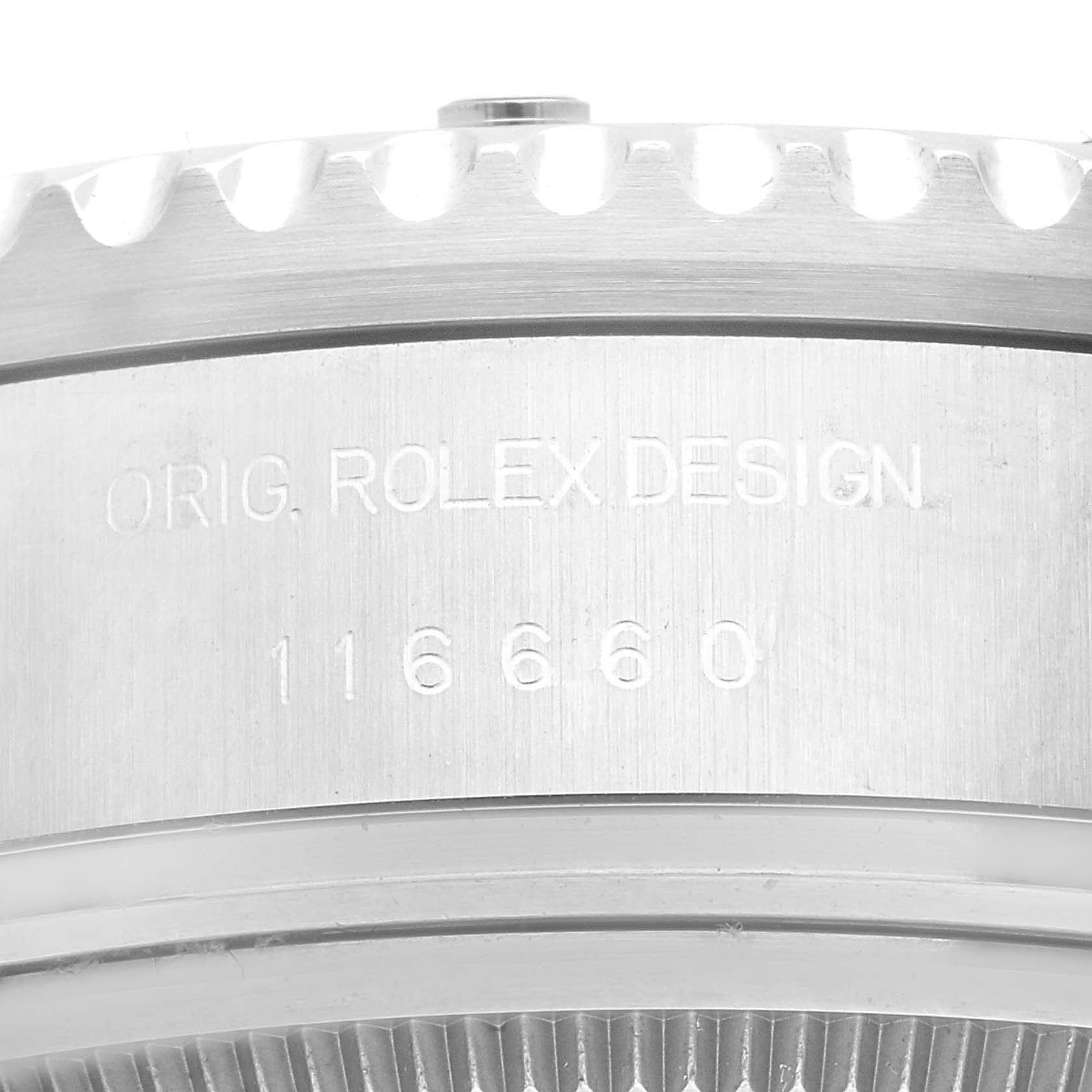 This image shows a close-up of the side of the Rolex Sea-Dweller 116660 Men
s Stainless Steel Blue Dial 116660 Men
s Stainless Steel Blue Dial watch, revealing the "ORIG. ROLEX DESIGN" engraving and model number 116660.