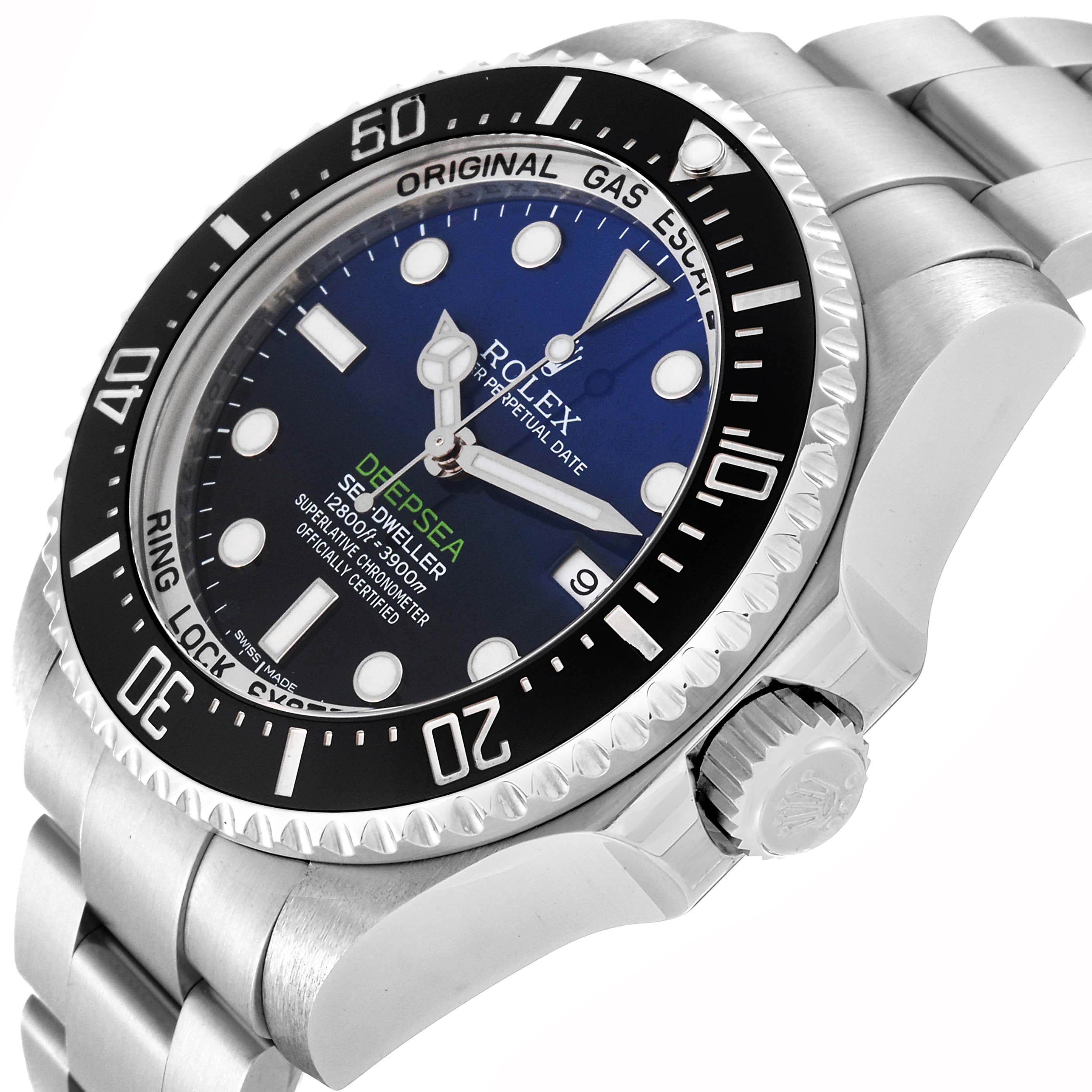 The image shows a Rolex Sea-Dweller 116660 Men
s Stainless Steel Blue Dial 116660 Men
s Stainless Steel Blue Dial watch from an angled side view, highlighting the dial, bezel, and part of the bracelet.