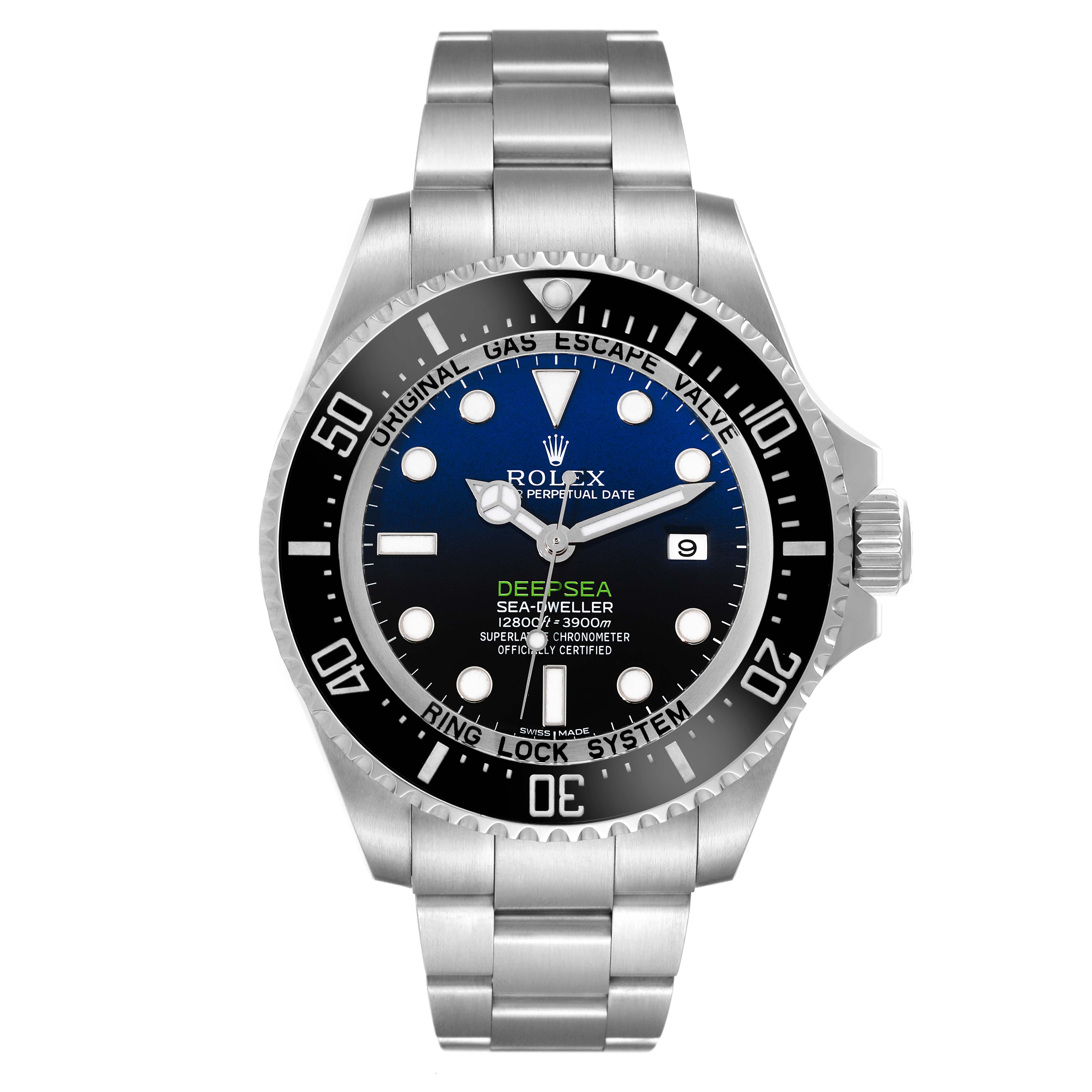 The image shows a front view of the Rolex Sea-Dweller 116660 Men's Stainless Steel Blue Dial 116660 Men's Stainless Steel Blue Dial watch, highlighting the dial, bezel, and bracelet.