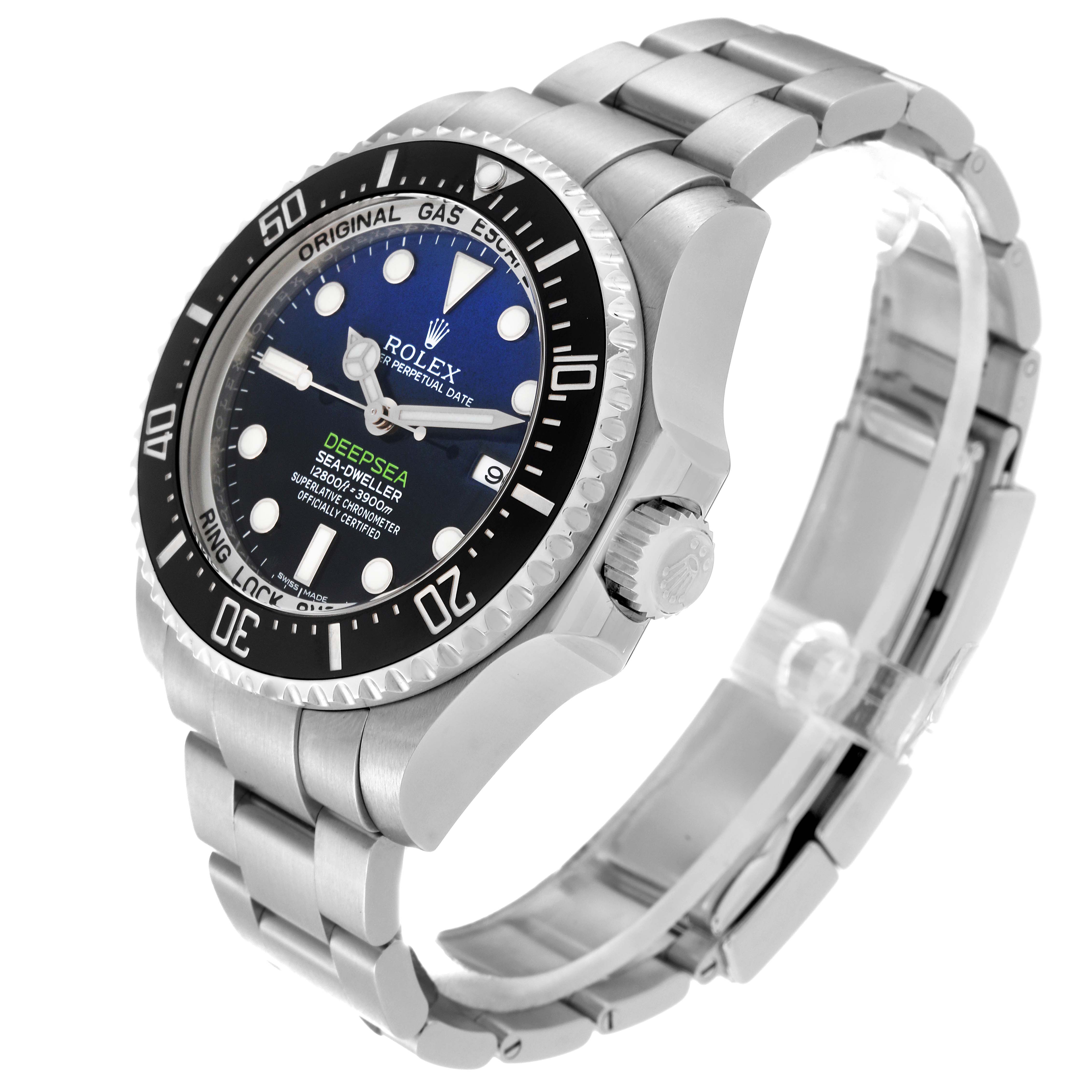 The Rolex Sea-Dweller 116660 Men's Stainless Steel Blue Dial 116660 Men's Stainless Steel Blue Dial watch is shown at a three-quarter angle, displaying the face, bezel, crown, and bracelet in a side view.