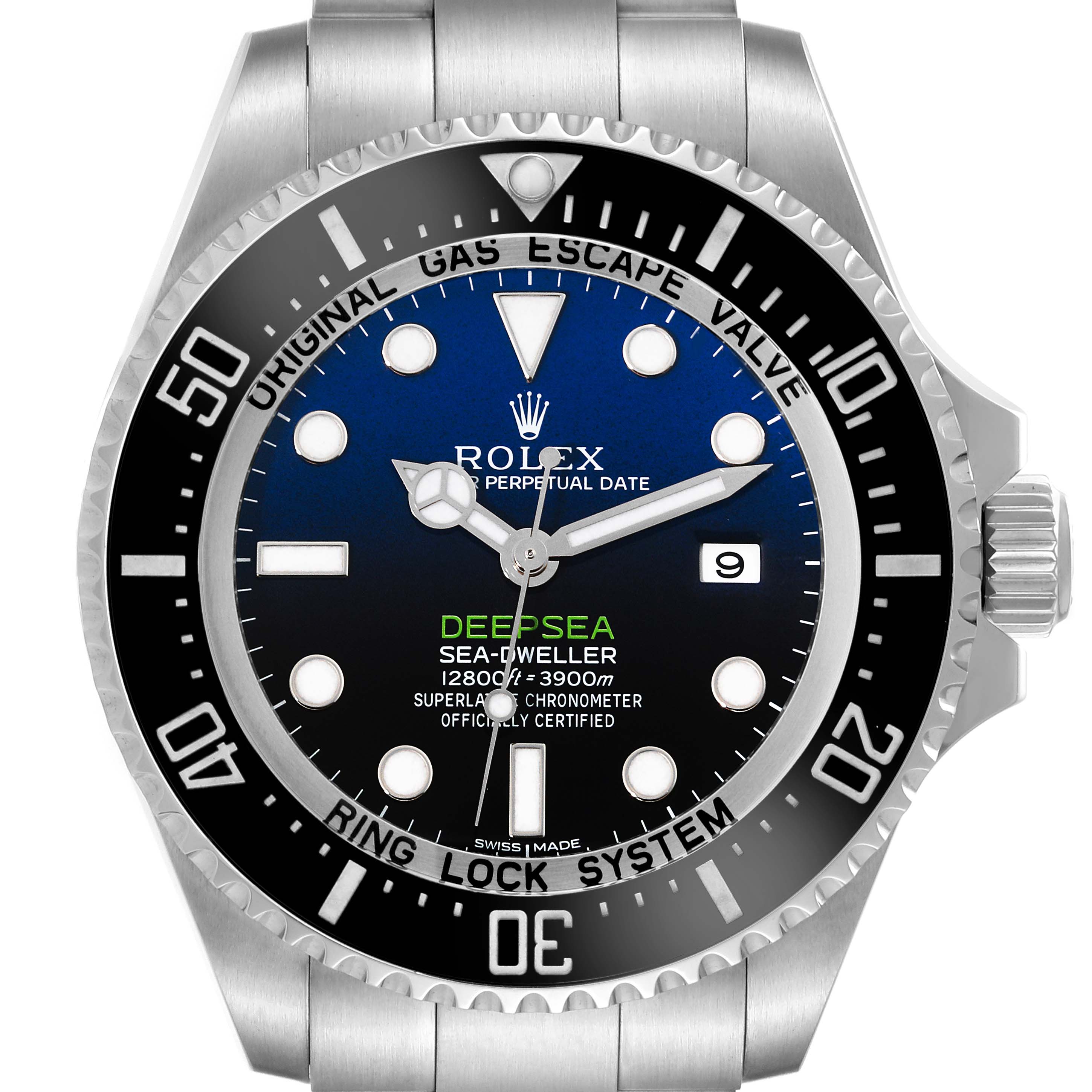 This image shows a front view of the Rolex Sea-Dweller 116660 Men's Stainless Steel Blue Dial 116660 Men's Stainless Steel Blue Dial Deepsea watch, focusing on the dial, bezel, and crown.