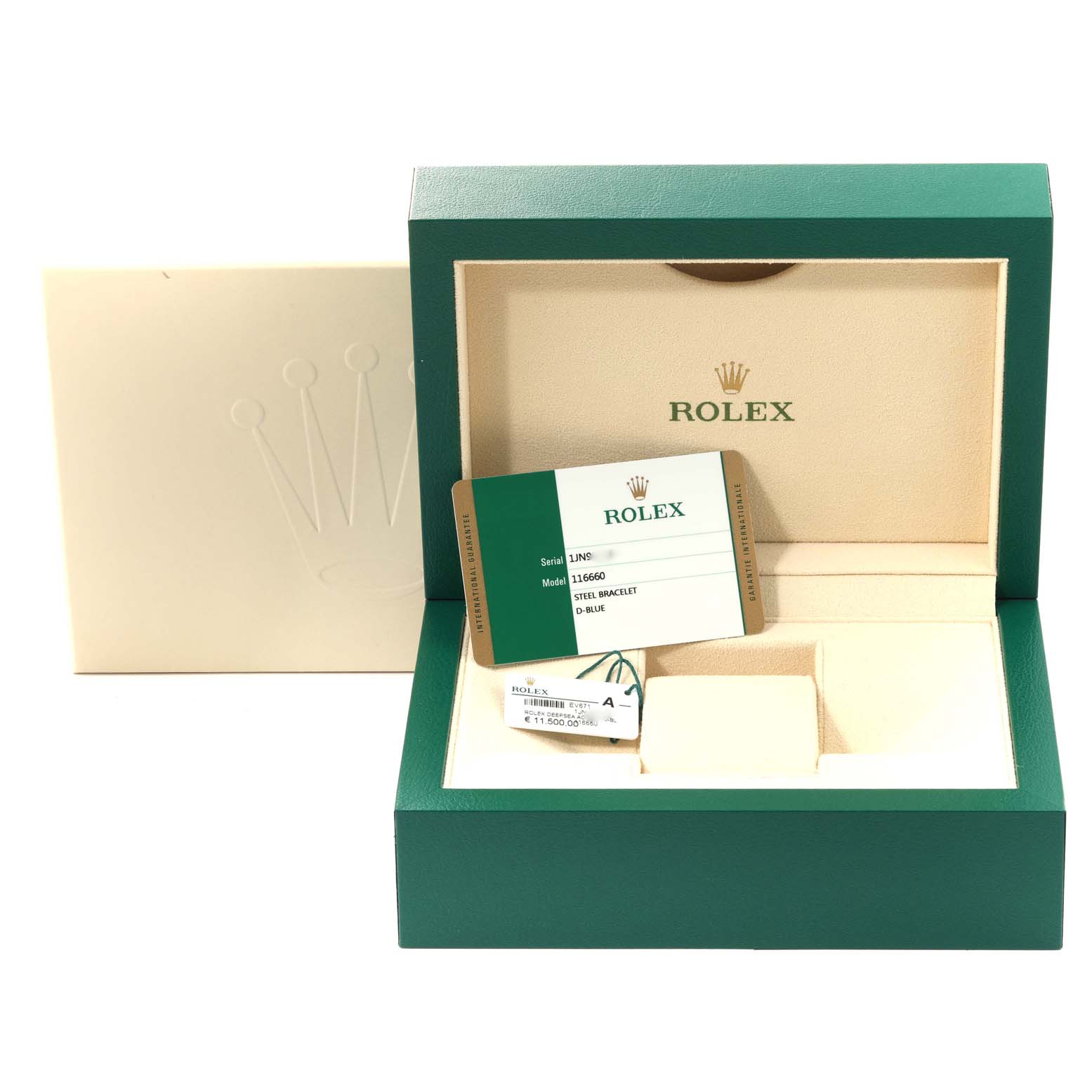 The image shows the packaging, tags, and authentication card for a Rolex Sea-Dweller 116660 Men's Stainless Steel Blue Dial 116660 Men's Stainless Steel Blue Dial model, angled from the front.