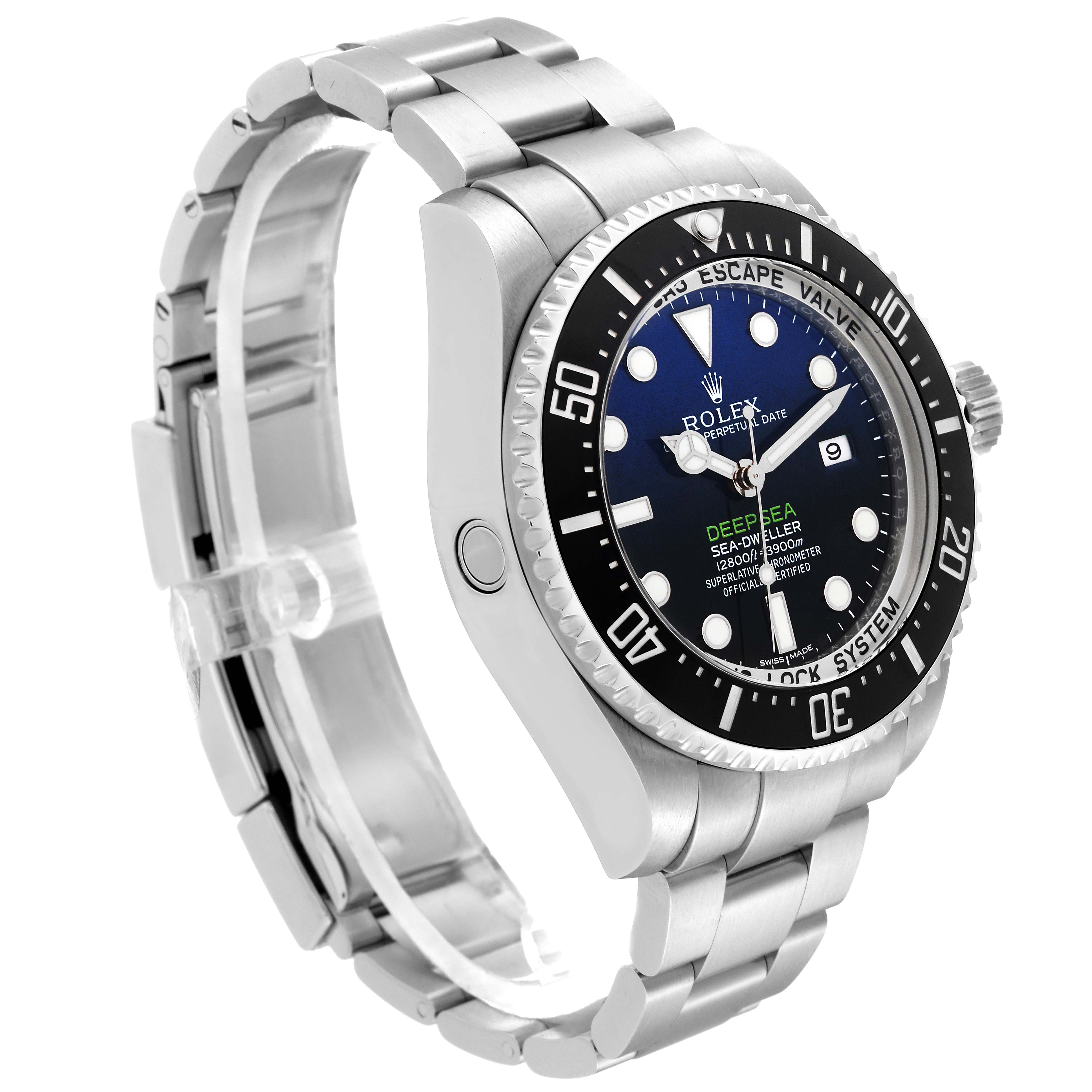 This image shows a side-angle view of the Rolex Sea-Dweller 116660 Men's Stainless Steel Blue Dial 116660 Men's Stainless Steel Blue Dial watch, highlighting its bracelet, bezel, crown, and caseback.