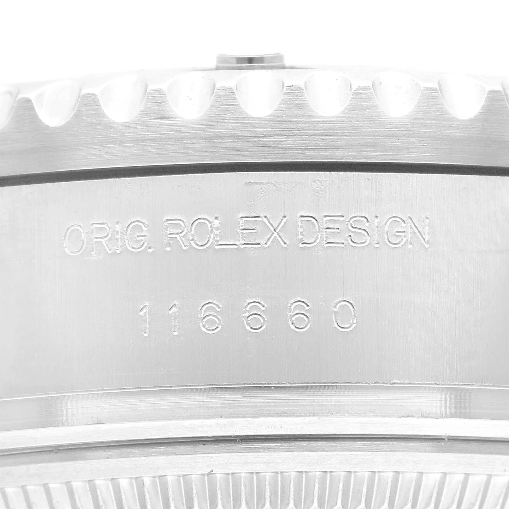 The image shows a close-up of the side of a Rolex Sea-Dweller 116660 Men's Stainless Steel Blue Dial 116660 Men's Stainless Steel Blue Dial watch, displaying the model number 116660 and the engraving "ORIG. ROLEX DESIGN."
