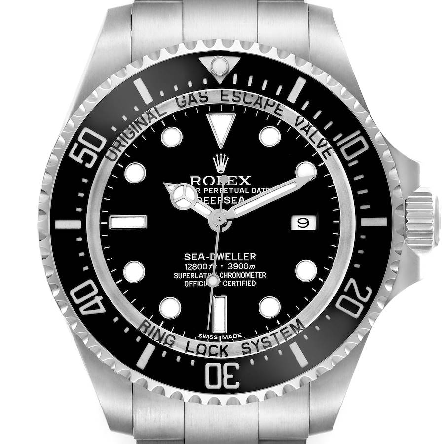 The Rolex Sea-Dweller watch is shown from a frontal angle, highlighting the dial, bezel, and crown.