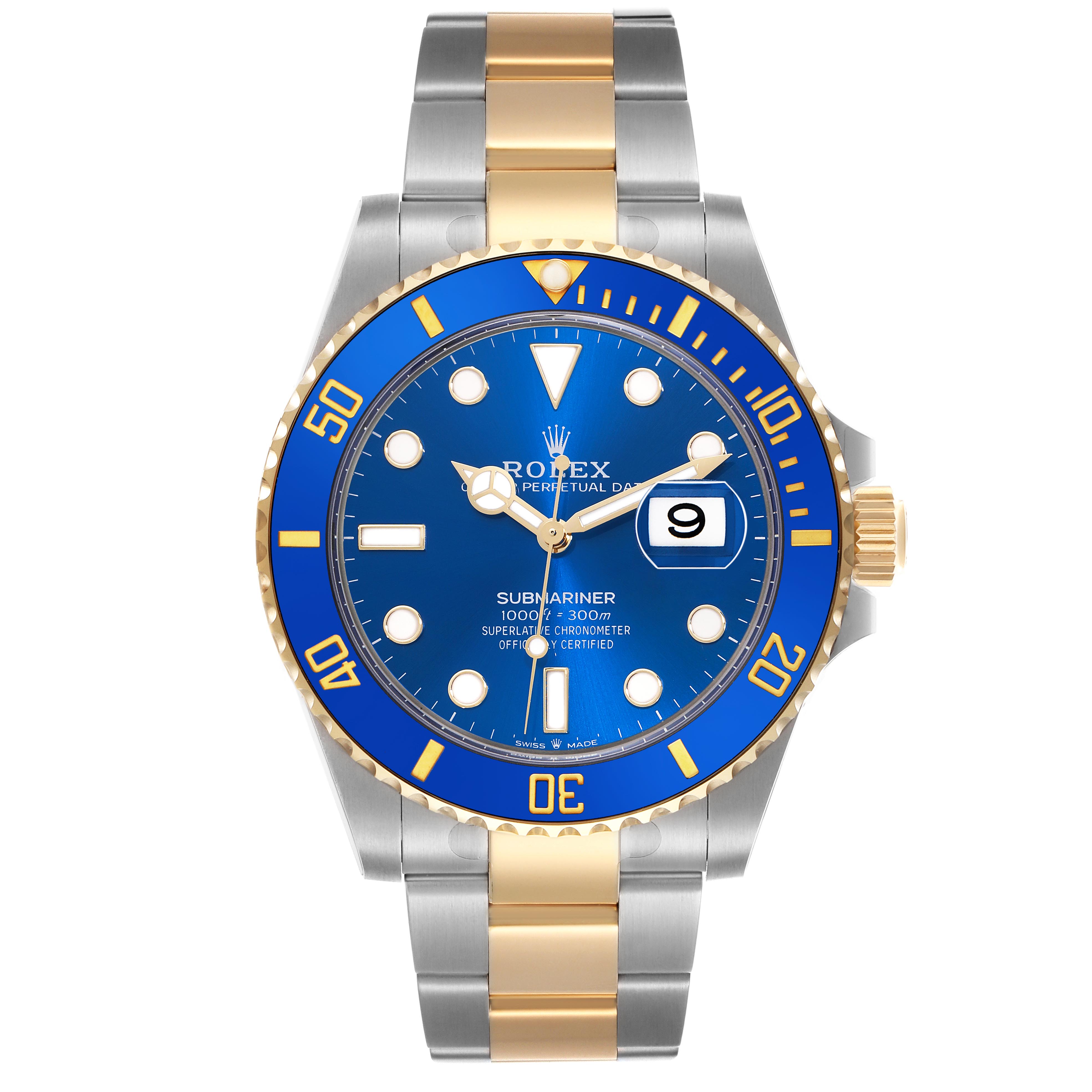 The image shows a Rolex Submariner 126613 Men's Steel and Gold (two tone) Blue Dial 126613 Men's Steel and Gold (two tone) Blue Dial from a front angle, highlighting its blue dial, bezel, and two-tone bracelet.