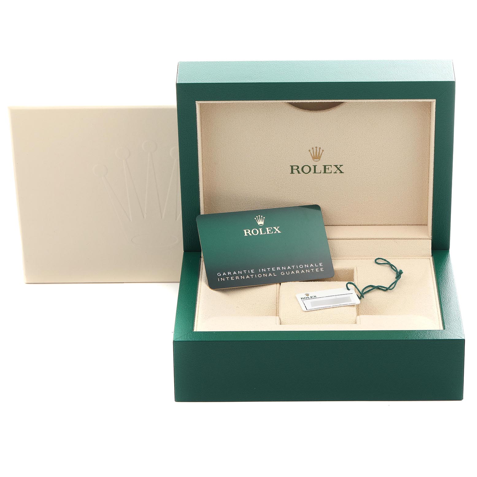 The image shows the open box, warranty card, and hang tag for a Rolex Submariner 126613 Men's Steel and Gold (two tone) Blue Dial 126613 Men's Steel and Gold (two tone) Blue Dial.