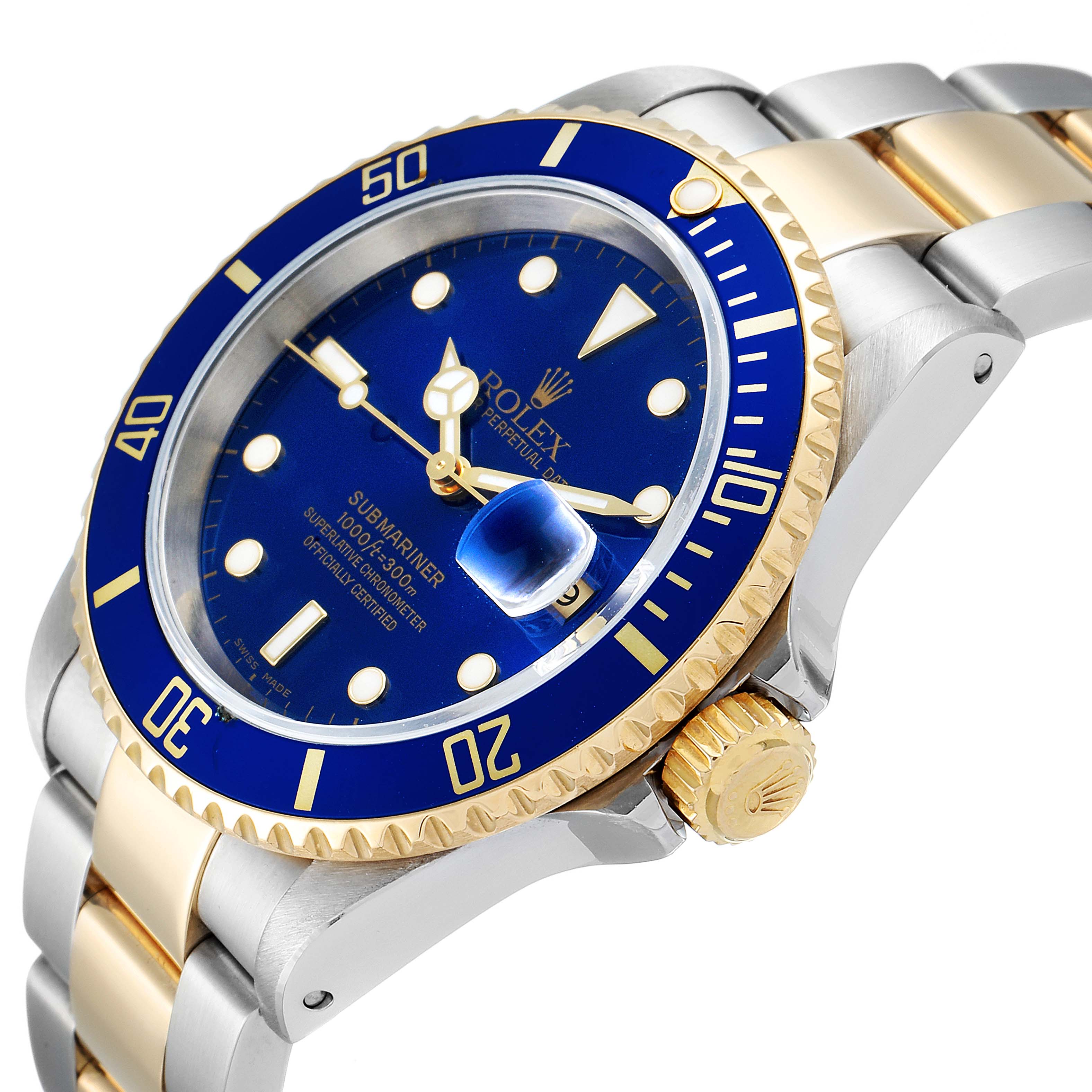 This image shows a side angle of a Rolex Submariner 16613 Men
s Steel and Gold (two tone) Blue Dial 16613 Men
s Steel and Gold (two tone) Blue Dial watch, highlighting the blue dial, gold bezel, and two-tone metal bracelet.