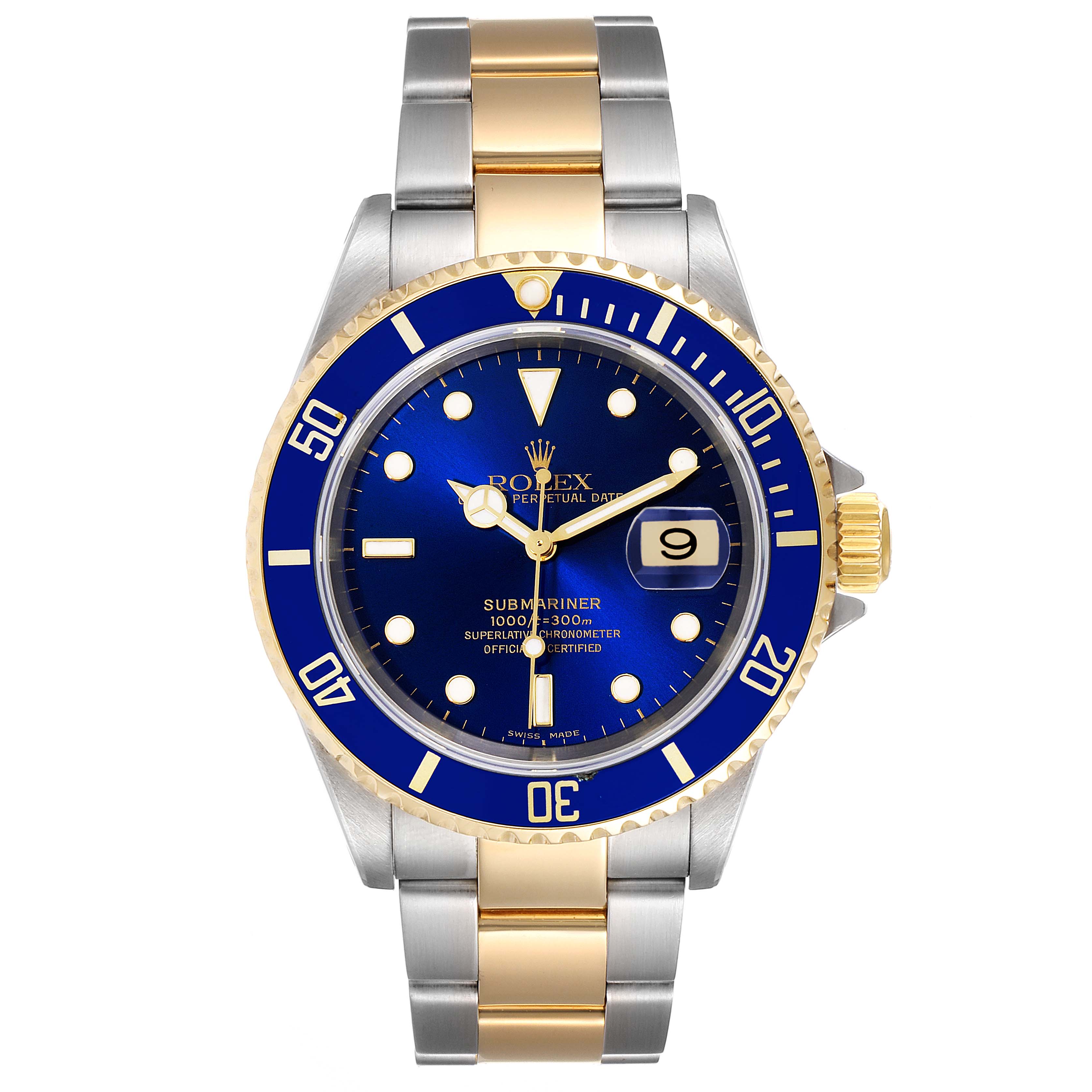 The image shows a front view of a Rolex Submariner 16613 Men
s Steel and Gold (two tone) Blue Dial 16613 Men
s Steel and Gold (two tone) Blue Dial watch, highlighting its blue dial, gold bezel, and two-tone bracelet.
