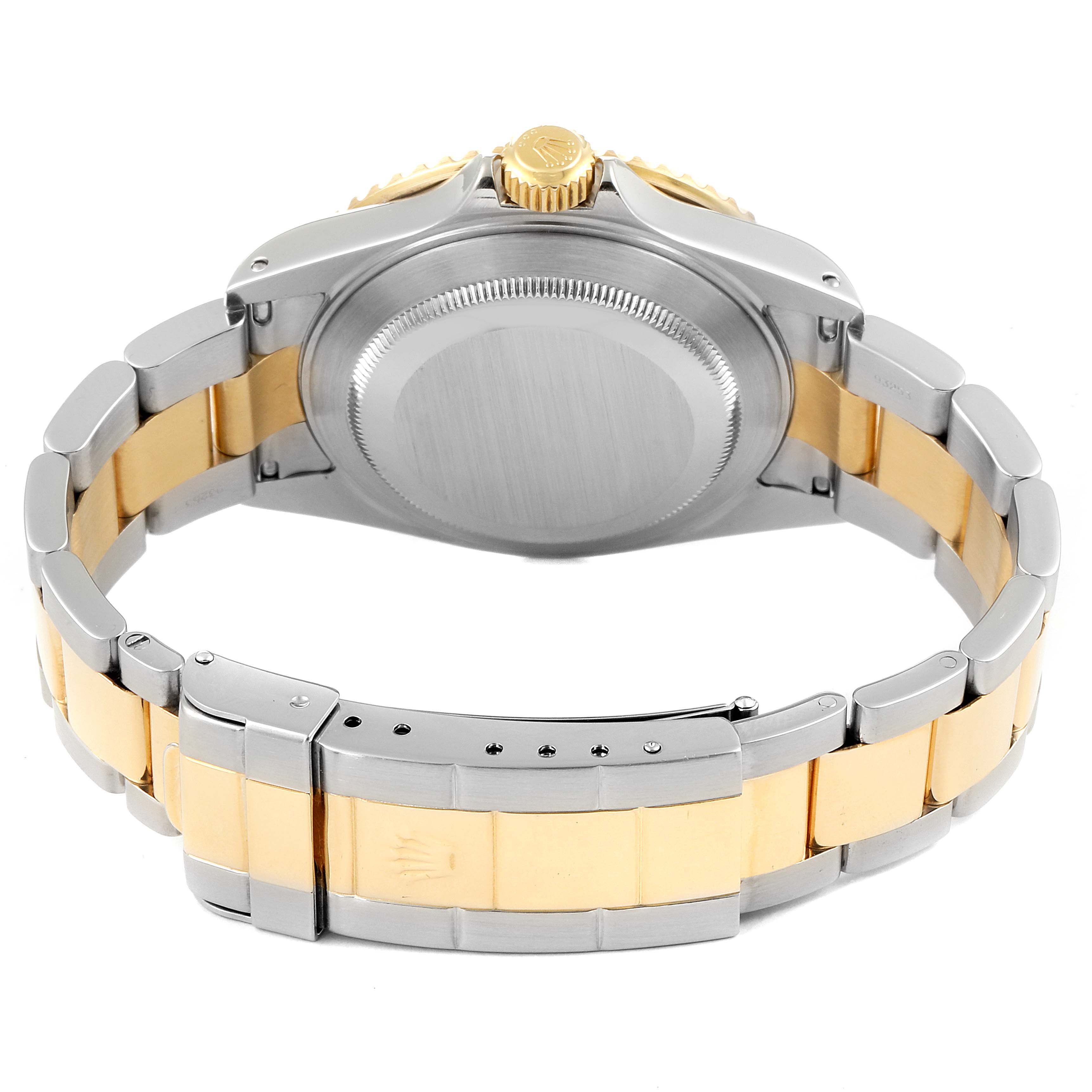 The image shows the back case and bracelet of a Rolex Submariner 16613 Men
s Steel and Gold (two tone) Blue Dial 16613 Men
s Steel and Gold (two tone) Blue Dial watch, featuring a two-tone band.